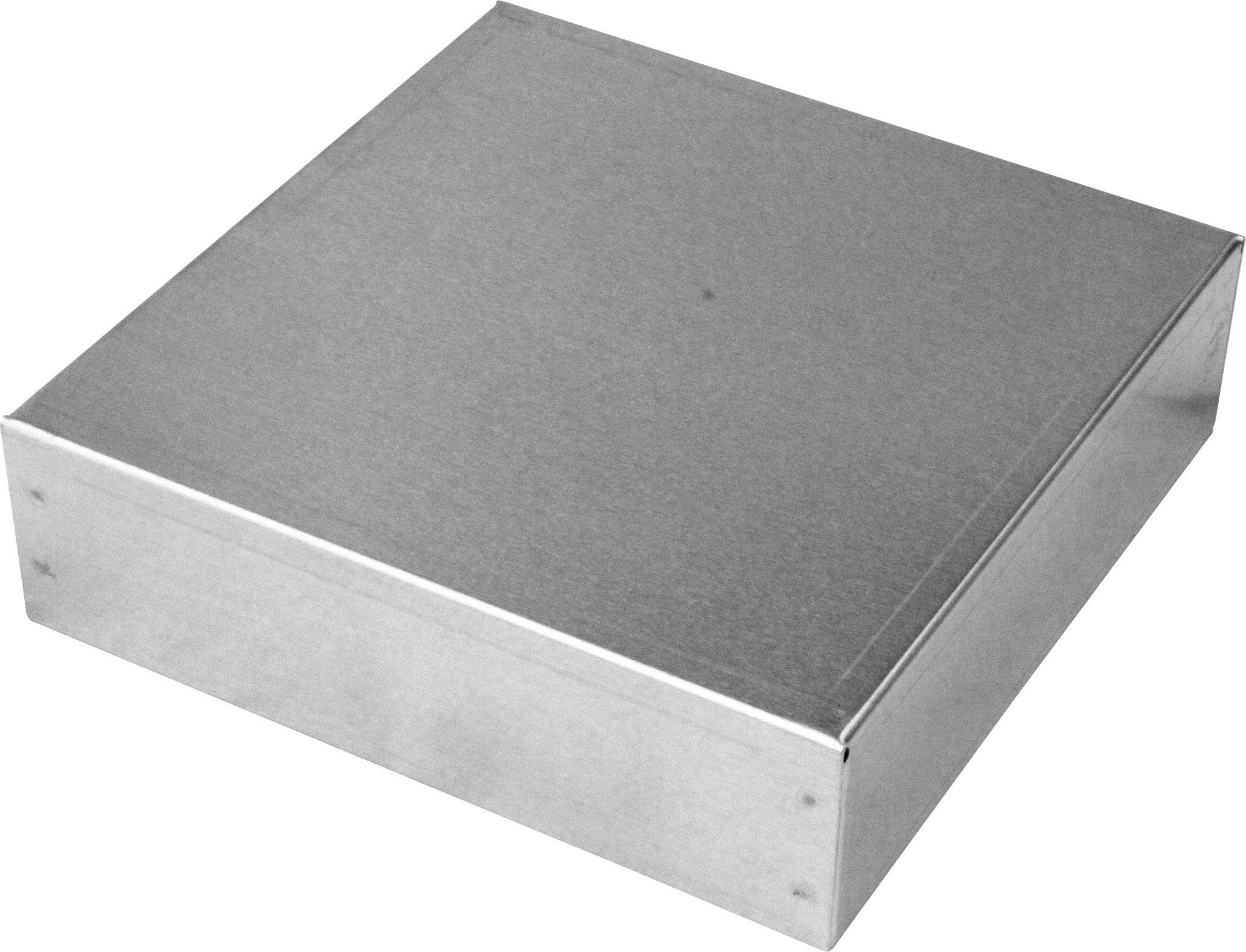 Metallischer, quaderförmiger Behälter mit glatter Oberfläche, eventuell als Gehäuse oder Schutzkasten verwendbar.