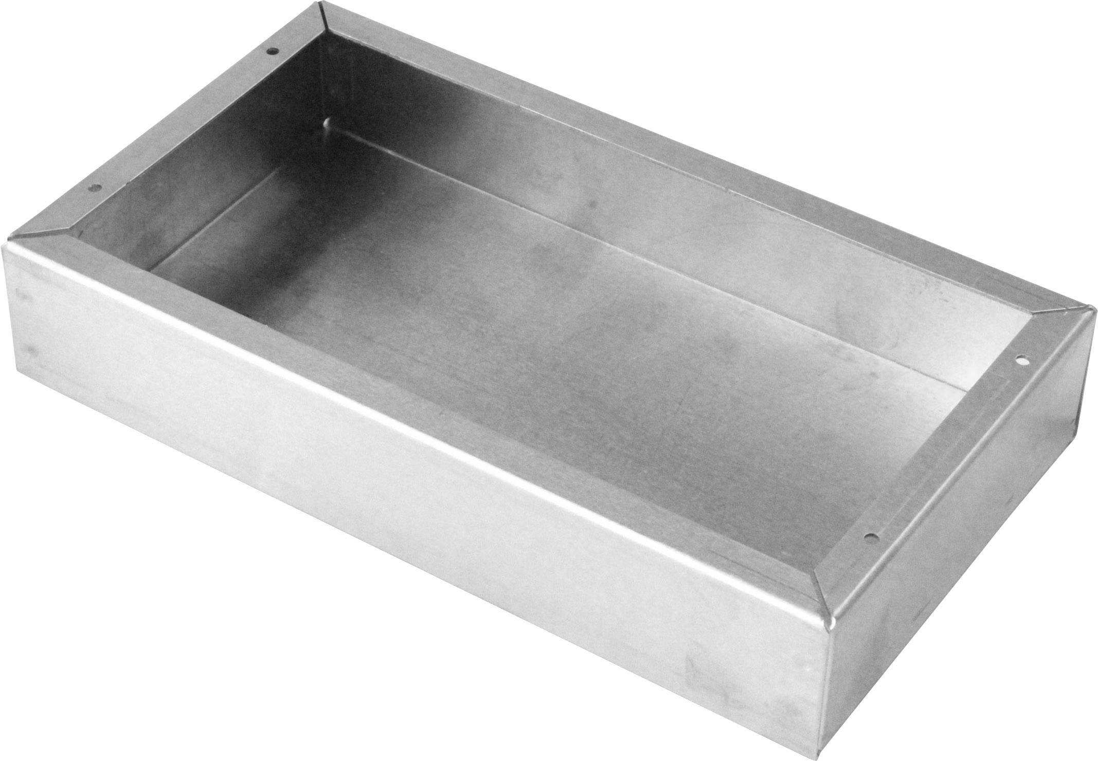 Rechteckige flache Metallschachtel ohne Deckel, dargestellt in einer diagonalen oberen Ansicht.