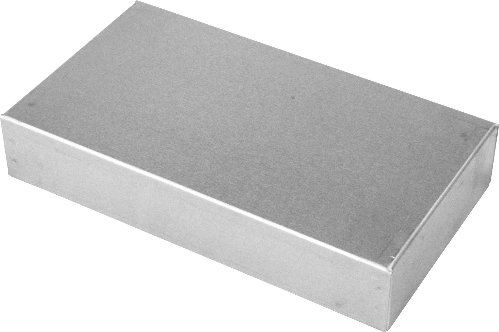 Rechteckige, silberne Metallbox in schlichtem Design, auf einer neutralen Oberfläche platziert.