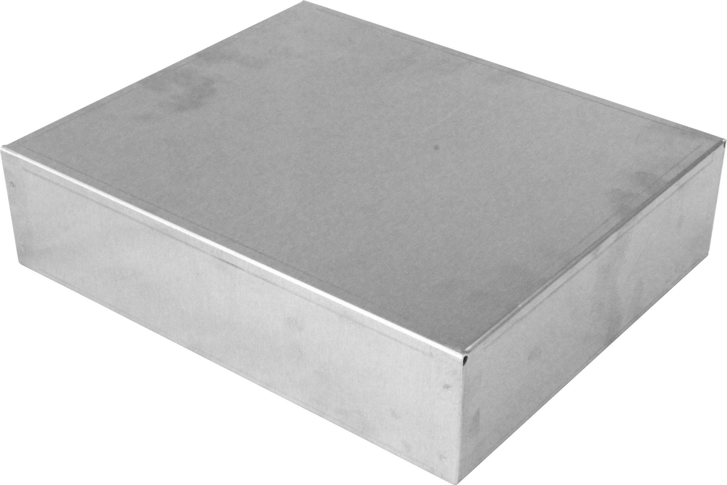 Silberne Metallbox mit rechteckiger Form, flacher Deckel.