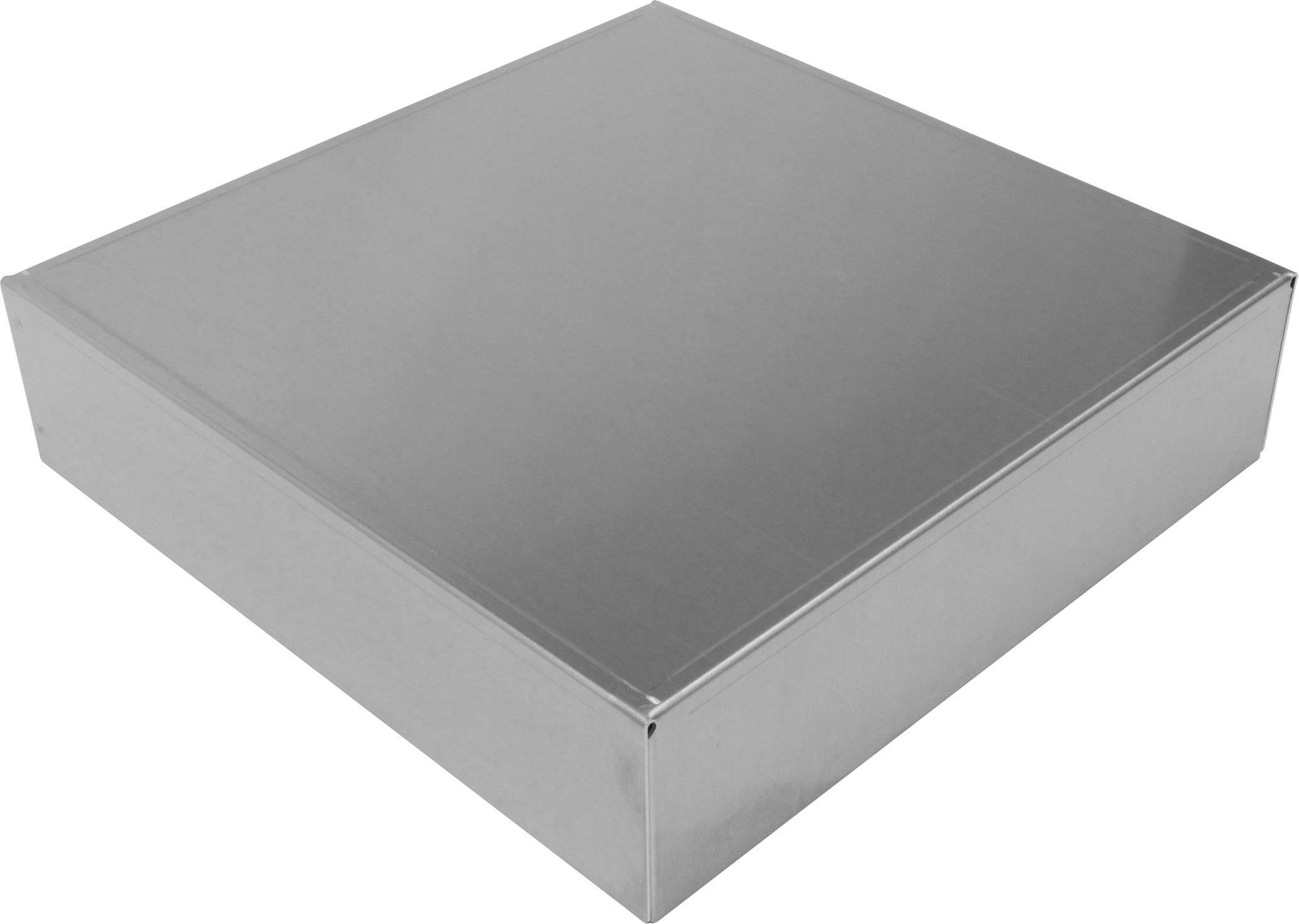 Eine glänzende, quadratische Metallbox mit minimalistischem Design, in einer leicht schrägen Ansicht fotografiert.