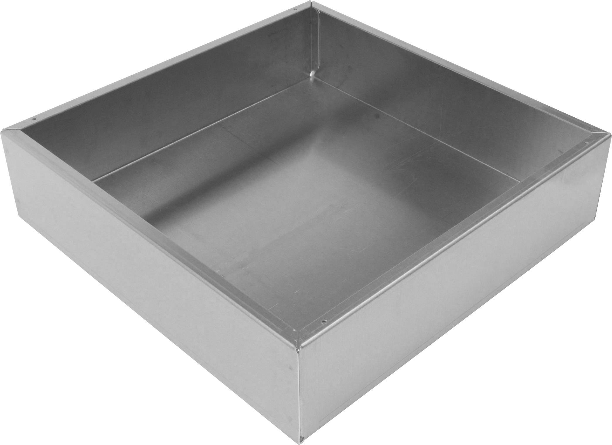 Ein leeres, quadratisches Tablett aus Metall mit hohem Rand, geeignet zum Backen oder Servieren.