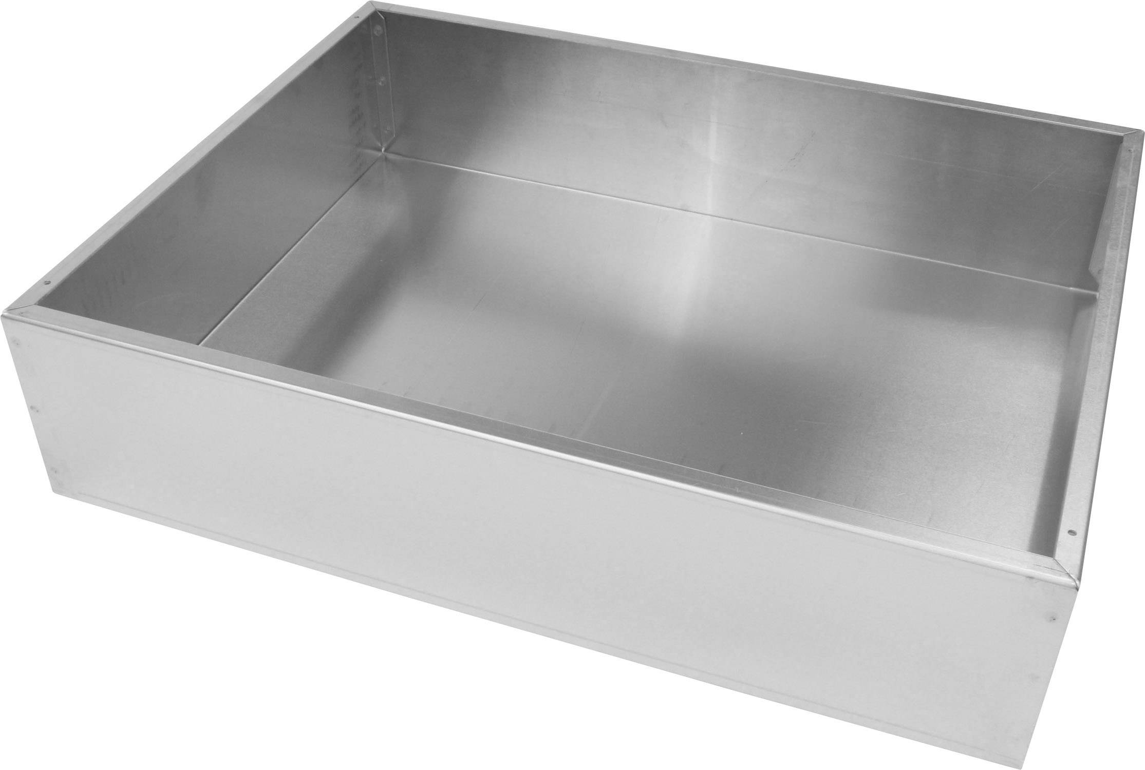 Ein rechteckiger, leerer Metallbehälter mit glatten Wänden und Ecken, geeignet für industrielle oder handwerkliche Anwendungen.