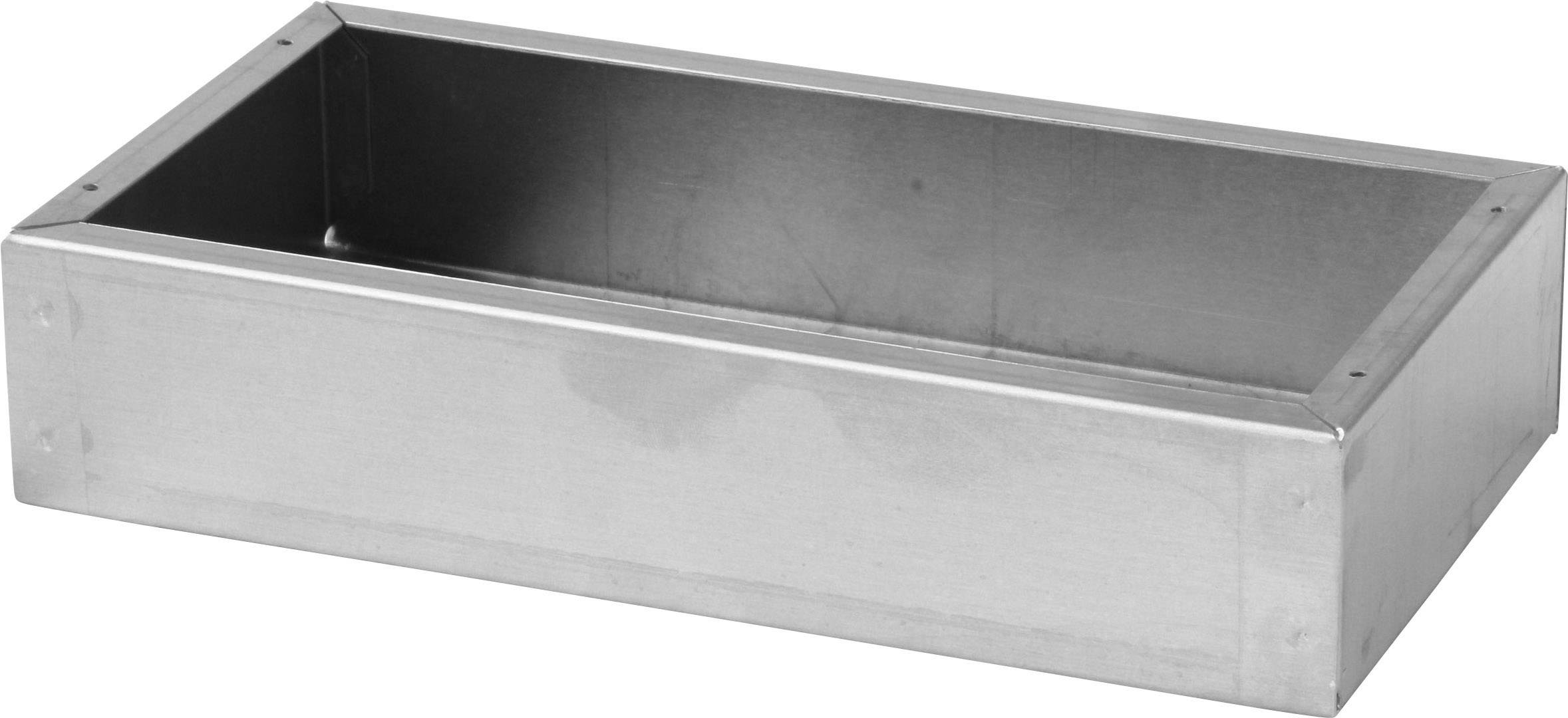 Ein rechteckiger, silberner Metallbehälter mit offenem Oberteil. Eignet sich zur Aufbewahrung oder Sortierung von Gegenständen.
