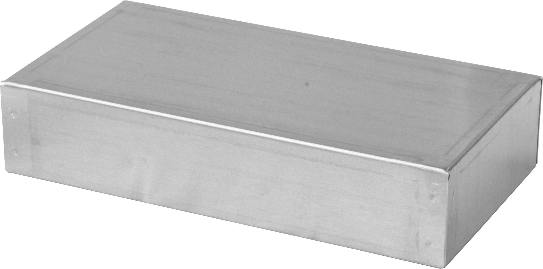 Rechteckige, flache Metallbox aus glänzendem Metall.