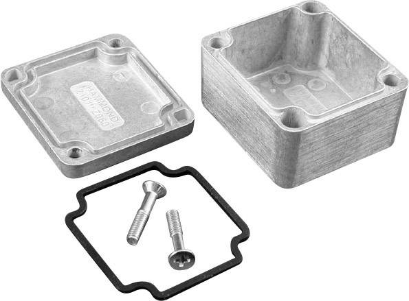 'Aluminiumgehäuse' bestehend aus zwei Teilen, mit Gummidichtung und zwei Metallschrauben. Geeignet für elektronische Anwendungen.