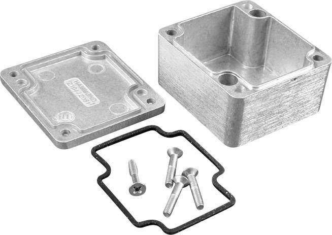 Metallbox mit abnehmbarem Deckel, Dichtung und vier Schrauben; verwendet zur sicheren Aufbewahrung oder als Gehäuse.