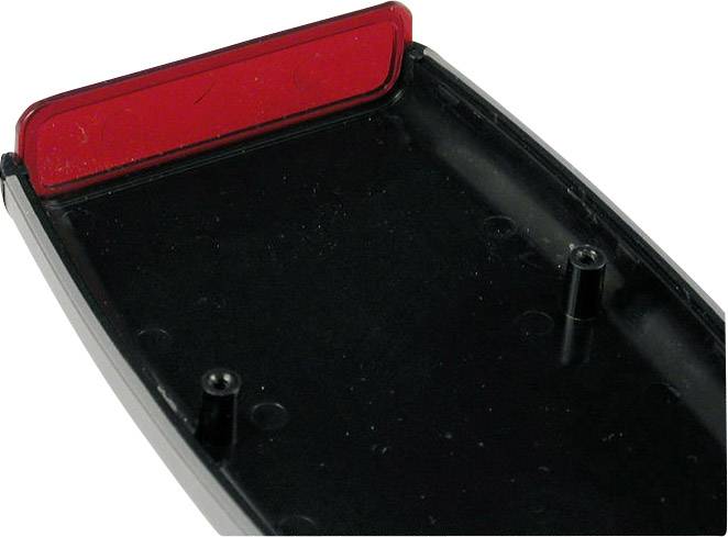 Schwarzes Kunststoffteil mit aufgesetztem roten Reflektor, möglicherweise Teil eines Fahrradrücklichts oder ähnlichem Zubehör.