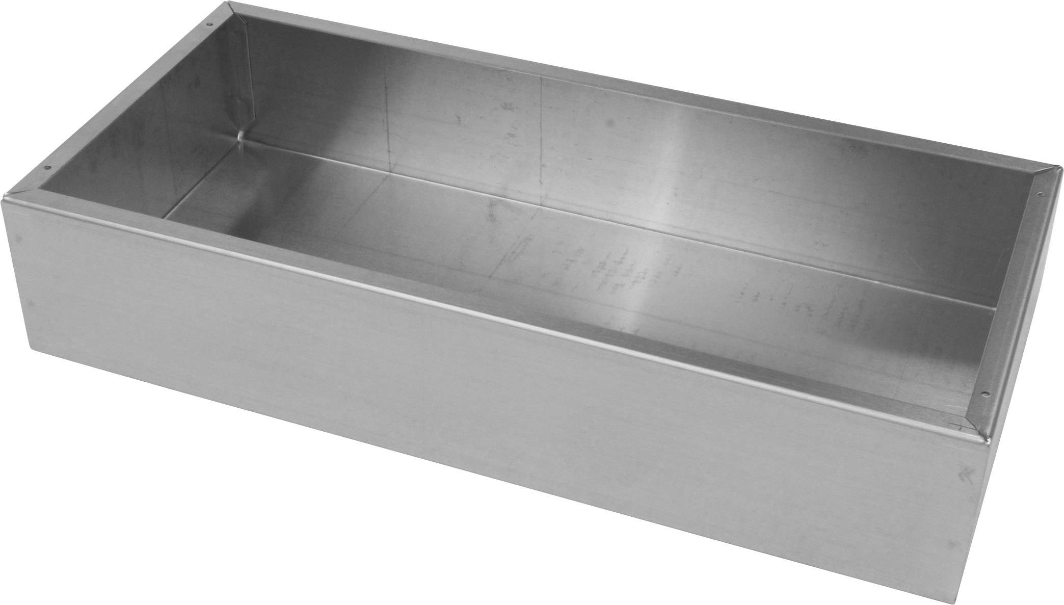 Rechteckige, flache Edelstahlbox, offen an der Oberseite, mit glatten Kanten. Geeignet für die Aufbewahrung von Gegenständen.