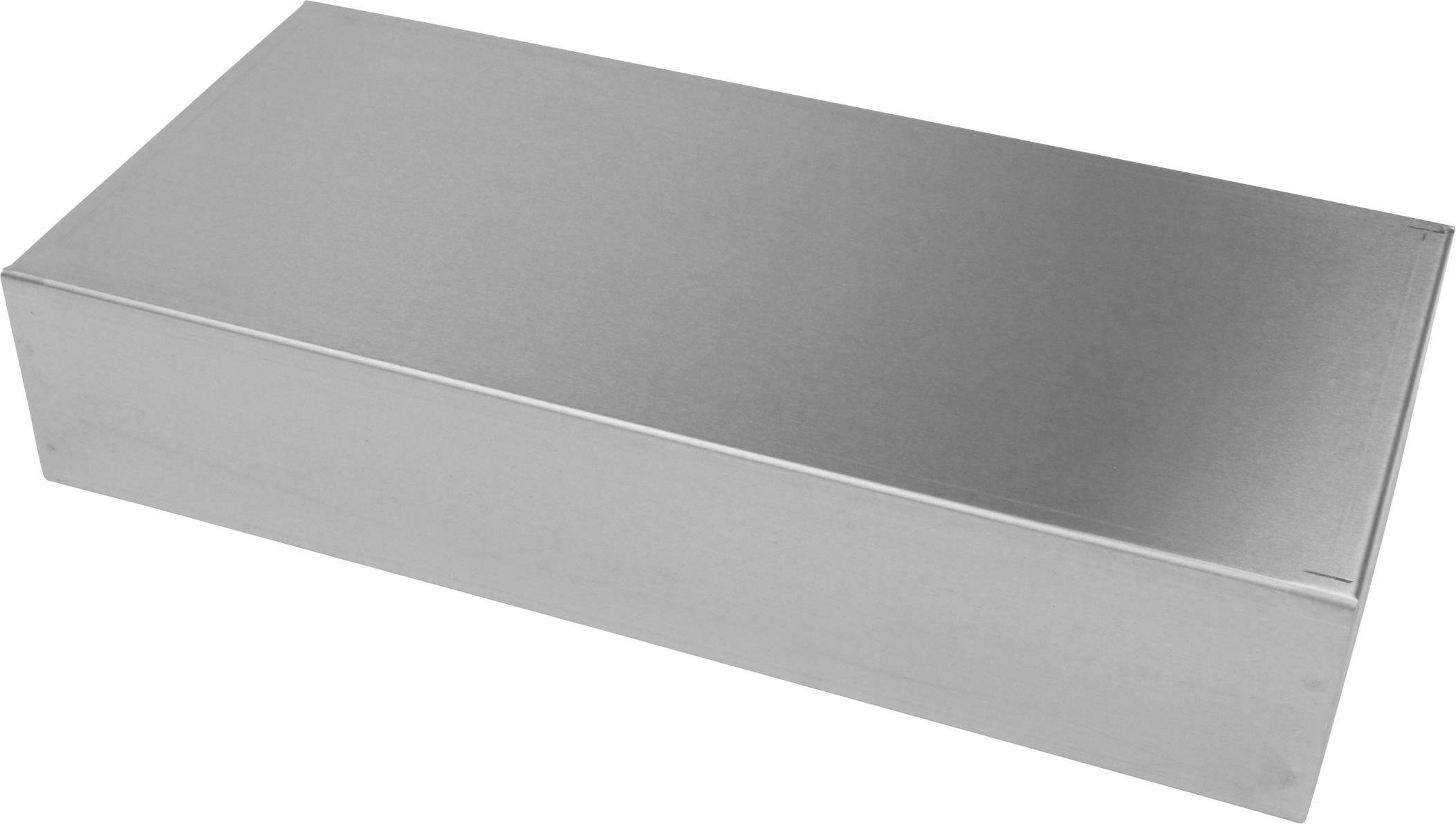 Silberne rechteckige Metallbox ohne auffällige Details oder Beschriftungen, auf weißem Hintergrund.