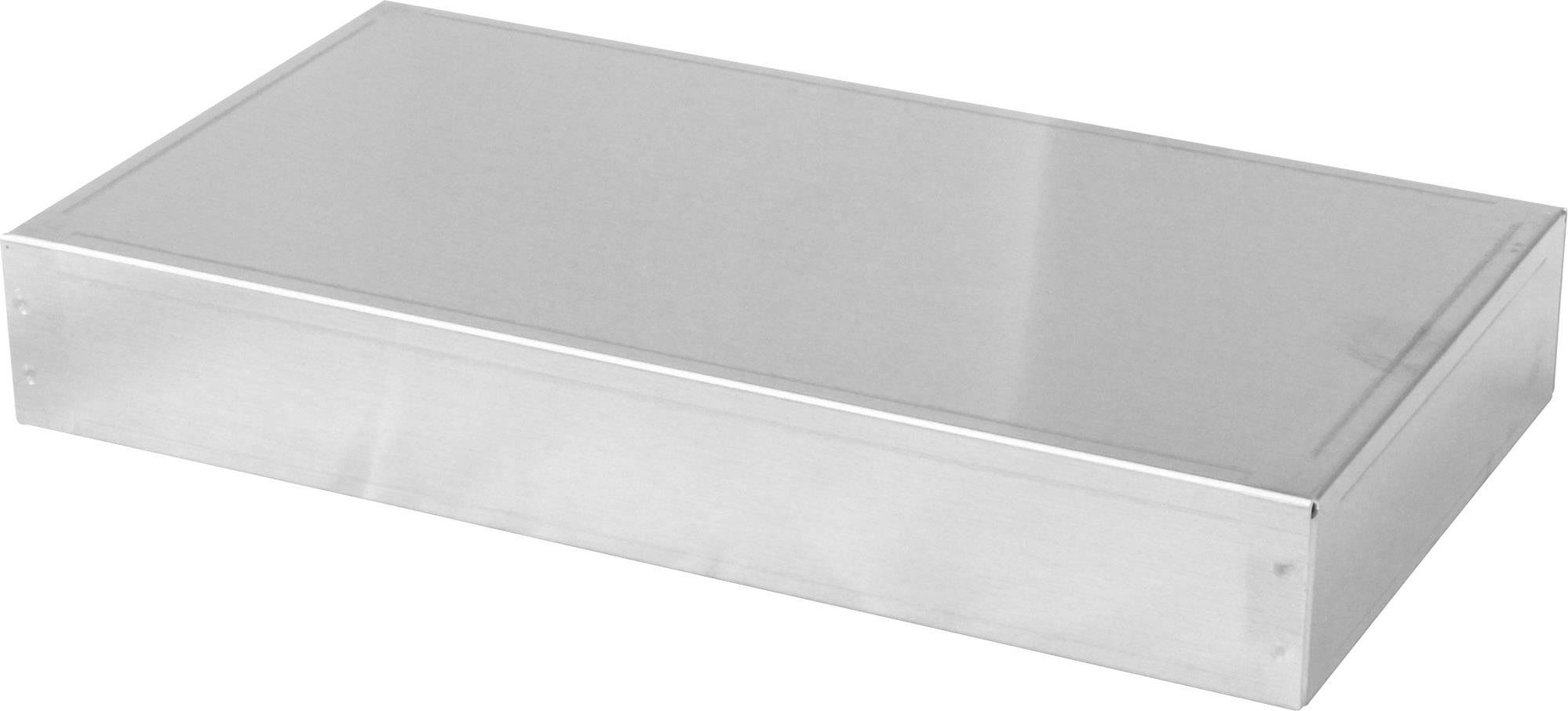 Rechteckiges Metallgehäuse mit glatter, silberner Oberfläche, geeignet zur Unterbringung von elektronischen Komponenten.