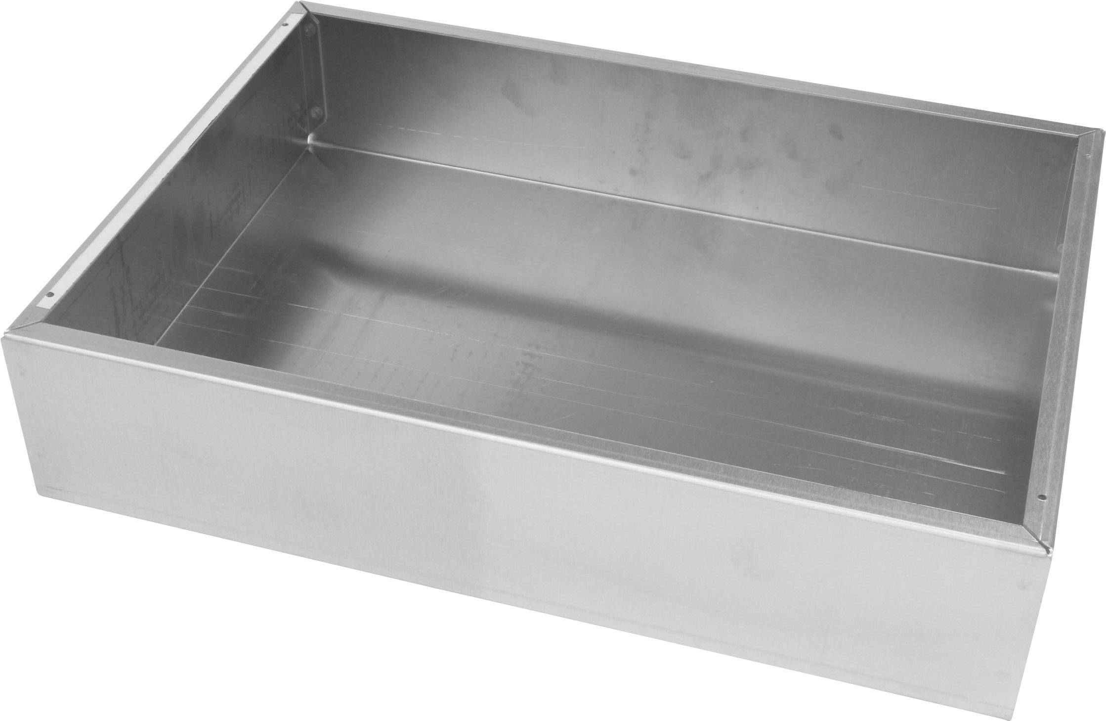 Metallbox in rechteckiger Form, geöffnet. Hauptsächlich aus glänzendem Metall gefertigt, ohne sichtbare Marken oder Beschriftungen.