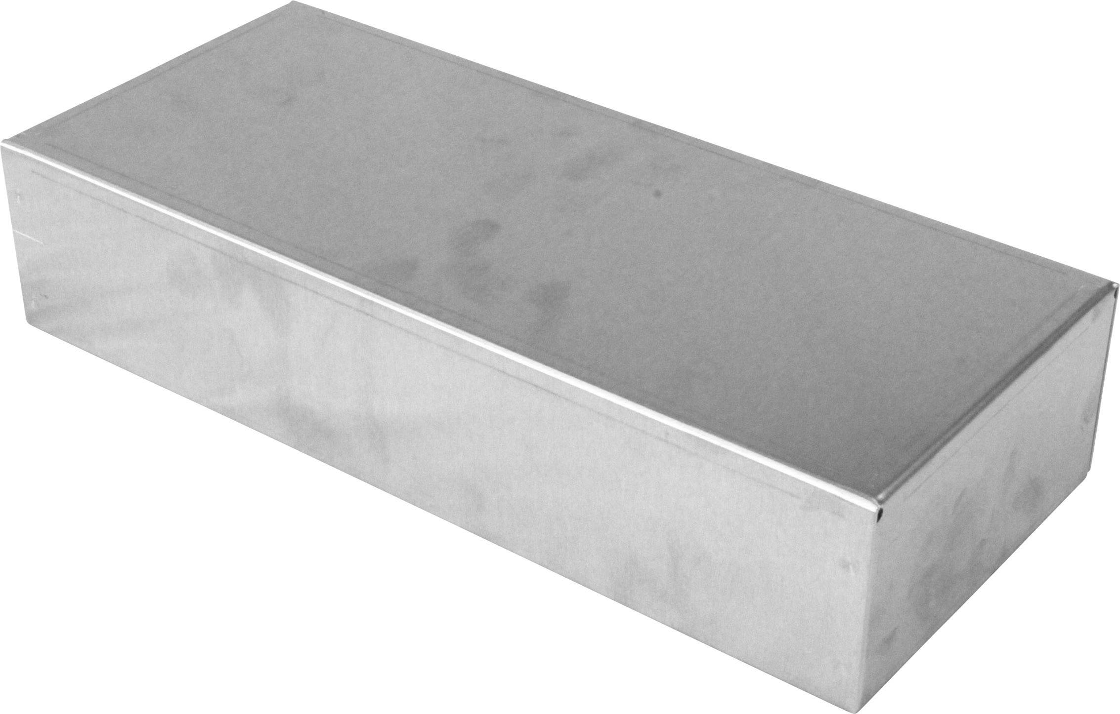 Metallische rechteckige Box mit glatter Oberfläche, ohne sichtbare Markierungen oder Öffnungen.