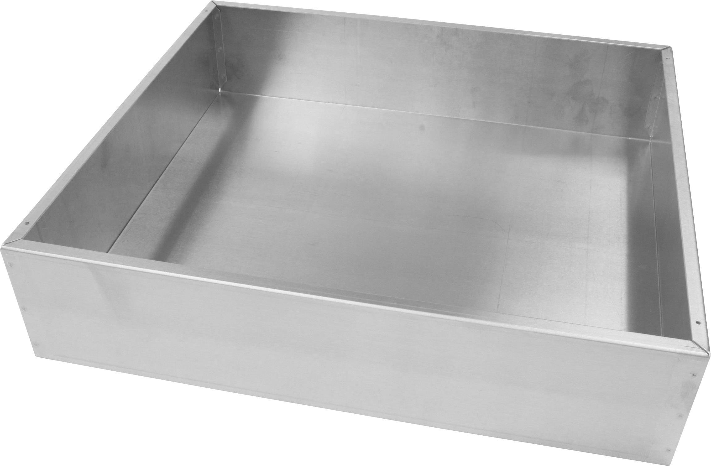 Ein rechteckiges Edelstahlblech mit erhöhtem Rand. Es sieht aus wie ein tiefer Backblech oder eine Auffangwanne.