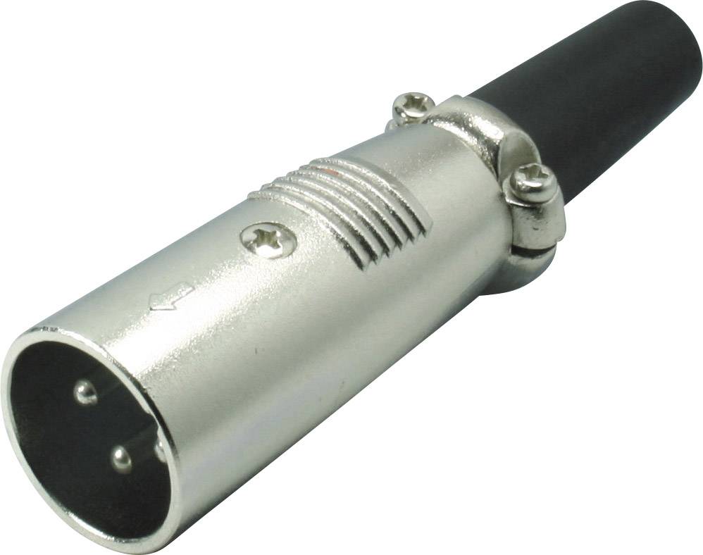 Ein dreipoliger XLR-Stecker, der in der Audiotechnik zur Übertragung von symmetrischen Tonsignalen verwendet wird.