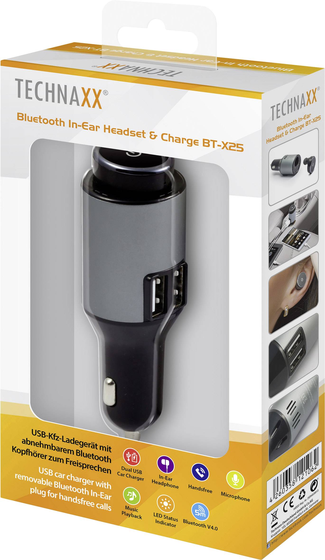 Technaxx BT-X25 Handy In Ear Headset Bluetooth® Stereo Schwarz, Grau Lautstärkeregelung, Batterieladeanzeige, Mikrofon-Stummschaltung