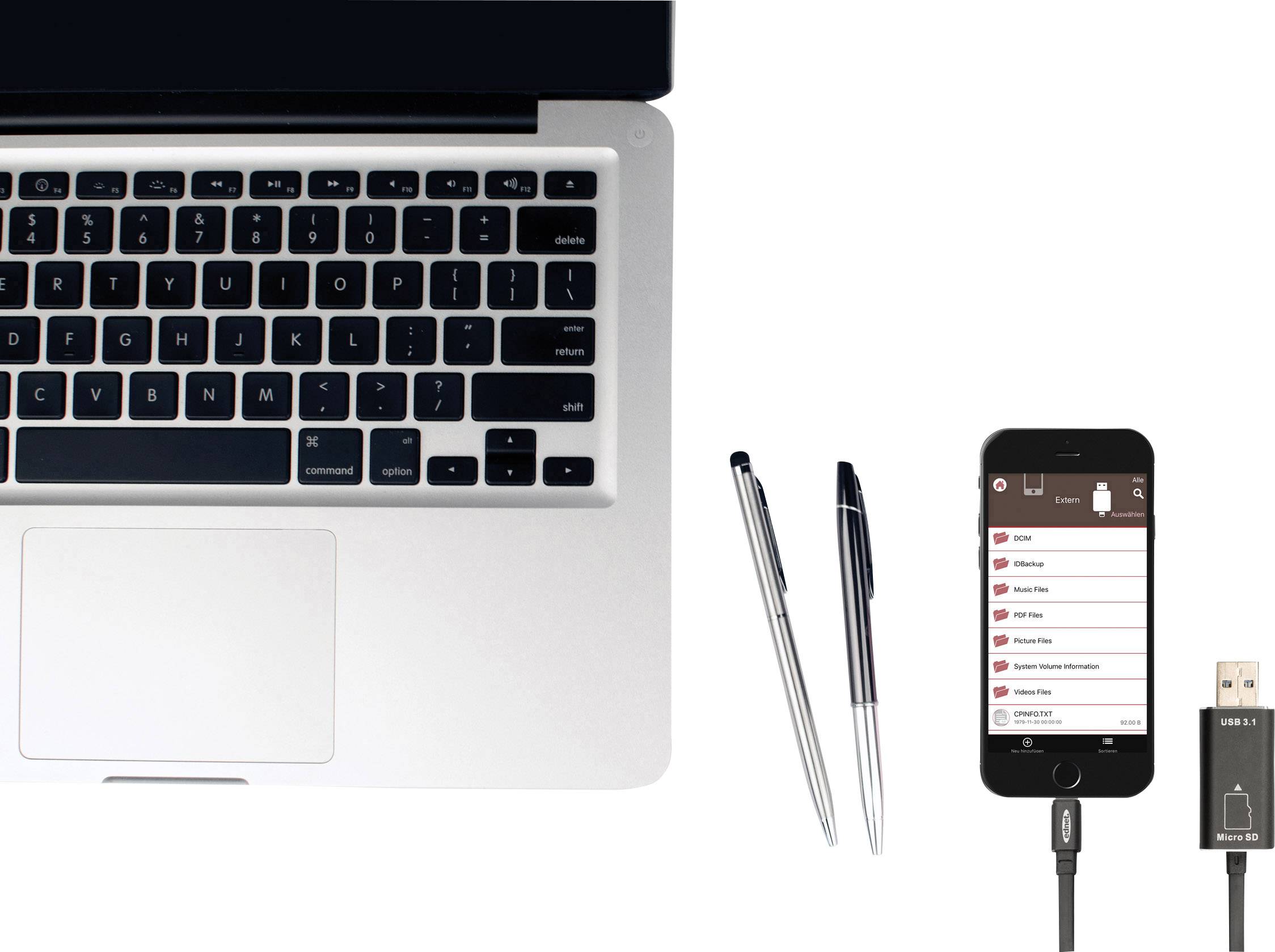 Ednet Smart Memory Externer Speicherkartenleser Schwarz USB 3.2 Gen 2 (USB 3.1), Apple Lightning, m