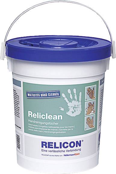 Eimer mit blauen Deckel, Etikett mit Handabdruck, Produktname ‘Reliclean’, Text auf Deutsch, Französisch und Niederländisch, Symbolbilder zur Anwendung.