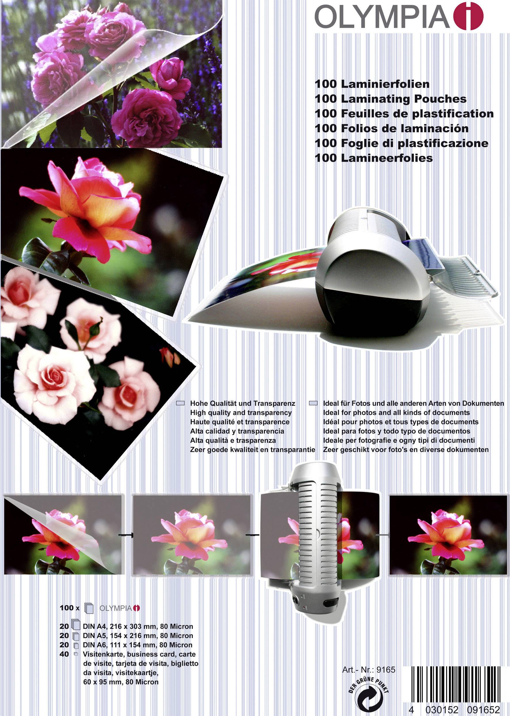Olympia Laminierfolie DIN A4, DIN A5, DIN A6, 95 x 60mm 80 micron 1 Set