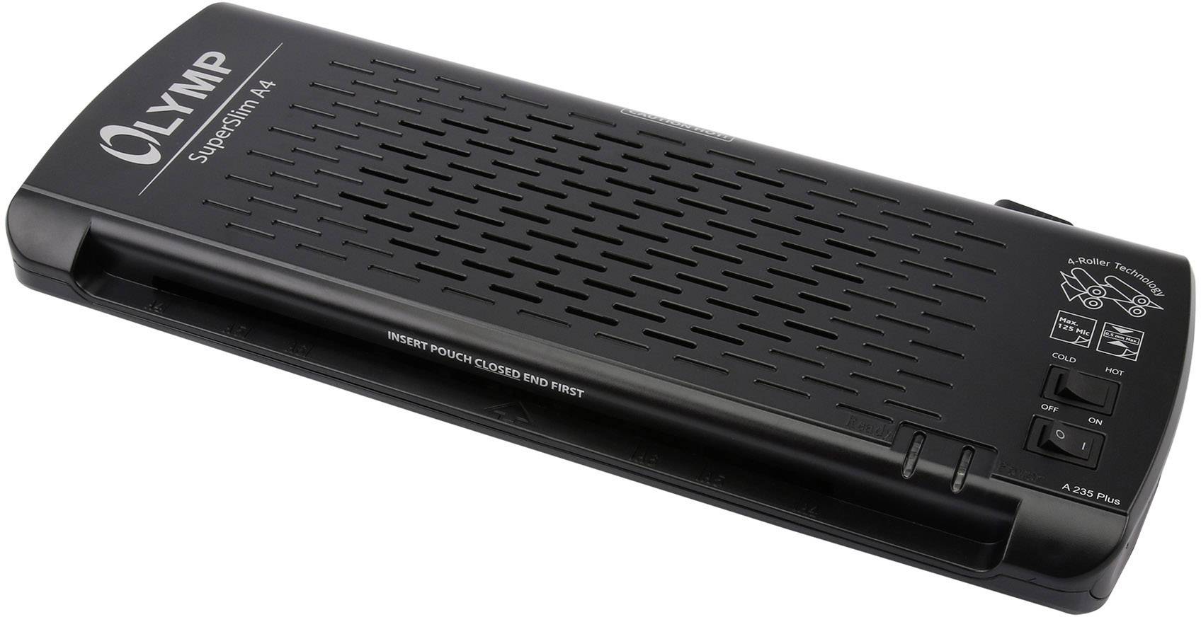 Ein kompakter, schwarzer Laminator für DIN A4-Papiere, erkennbar durch das OLYMP-Logo, geeignet zum Versiegeln von Dokumenten.