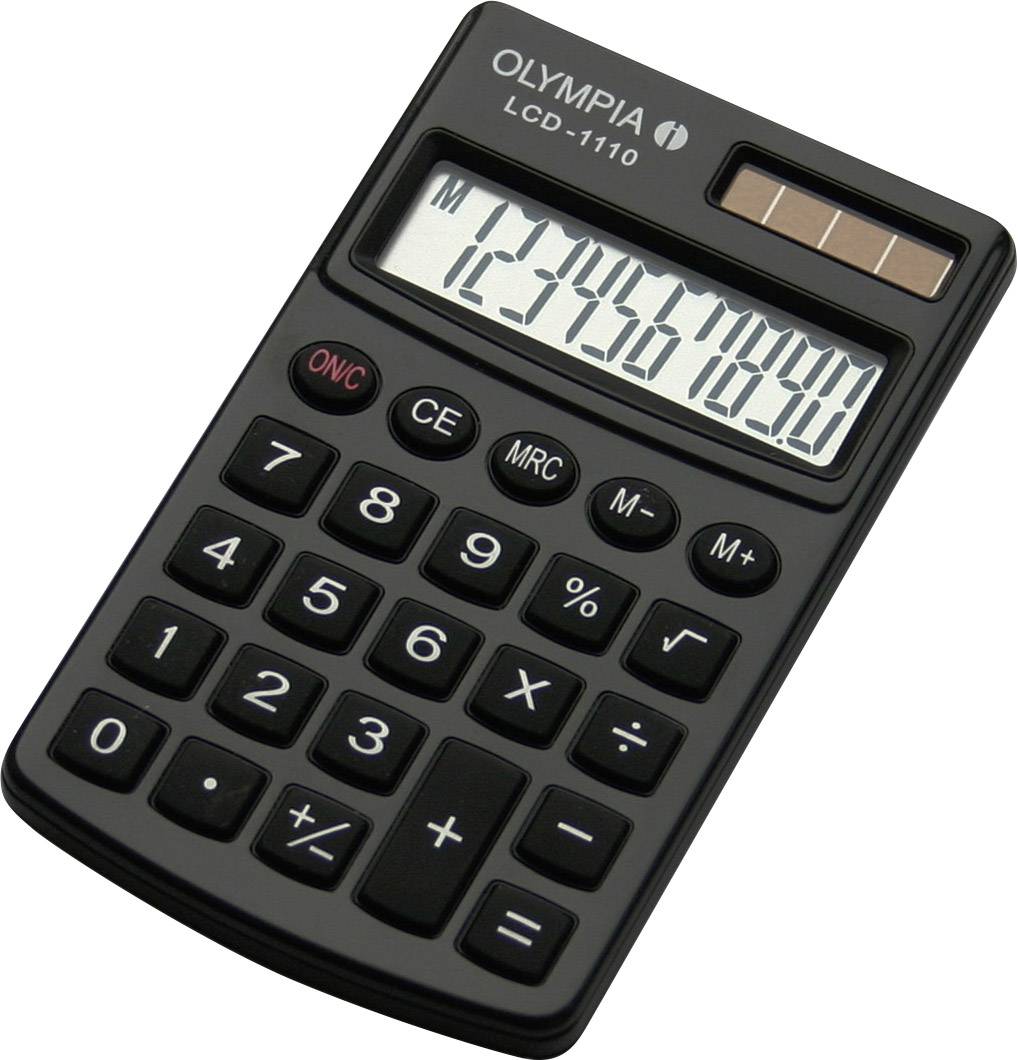 Ein schwarzer Taschenrechner mit Solarzellen und großen Tasten, zeigt die Zahl '1234567890' auf dem digitalen Display an.