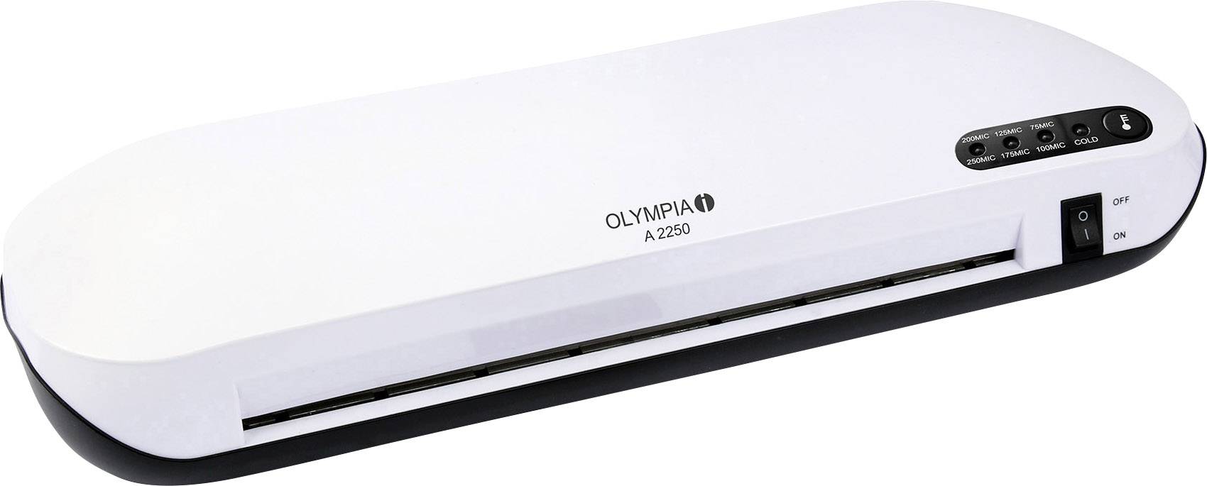 Ein weißes Laminiergerät, Modell Olympia A 2350. Es hat Bedientasten oben und eine Einführöffnung vorne zur Versiegelung von Dokumenten.