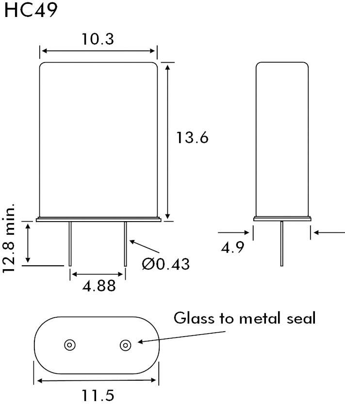 Skizze eines HC49-Gehäuses mit Abmessungen: Breite 10,3 mm, Höhe 13,6 mm, Tiefe 4,9 mm. Zeigt Glas-Metall-Dichtung.