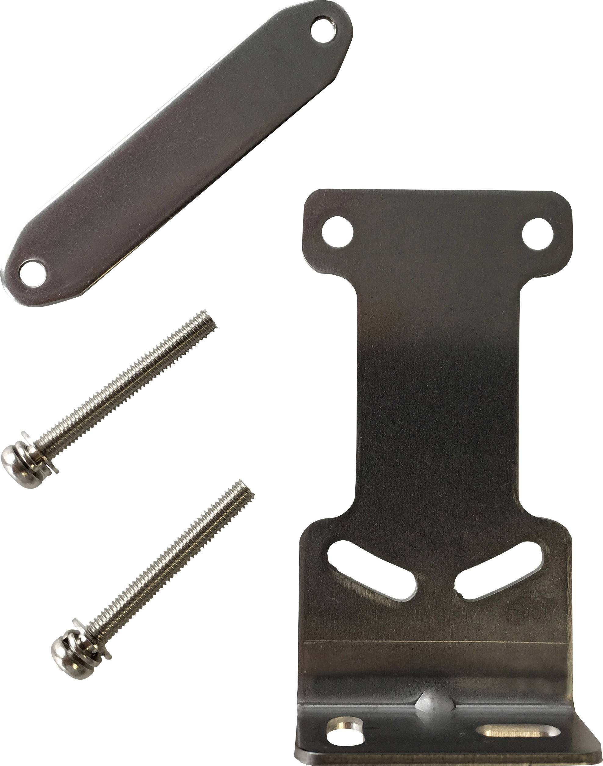 Metallhalterungssatz bestehend aus zwei Schrauben, einer langen Metallplatte und einem verzweigten Halter, geeignet für technische Montagen.
