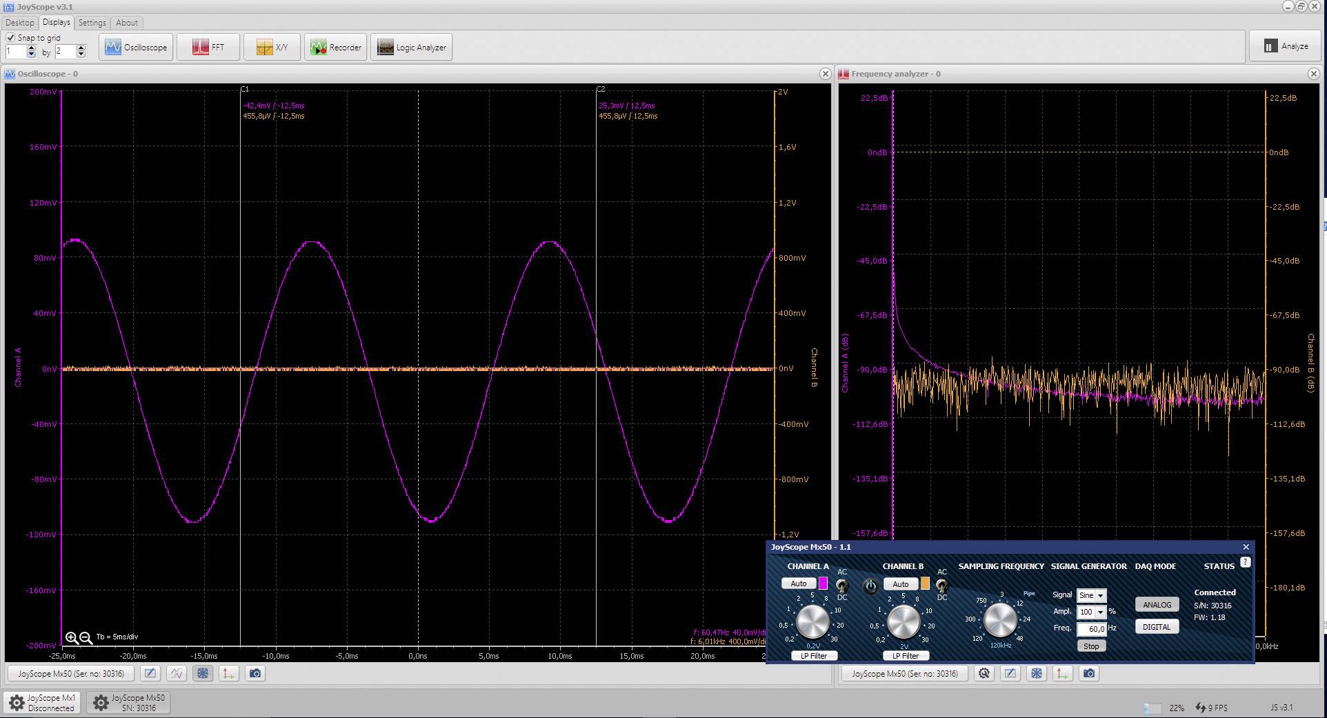 Joy-it JT-ScopeMega50 USB-Oszilloskop 15MHz 2-Kanal, 16-Kanal 8 Bit Digital-Speicher (DSO), Mixed-Signal (MSO), Logic-Analyser