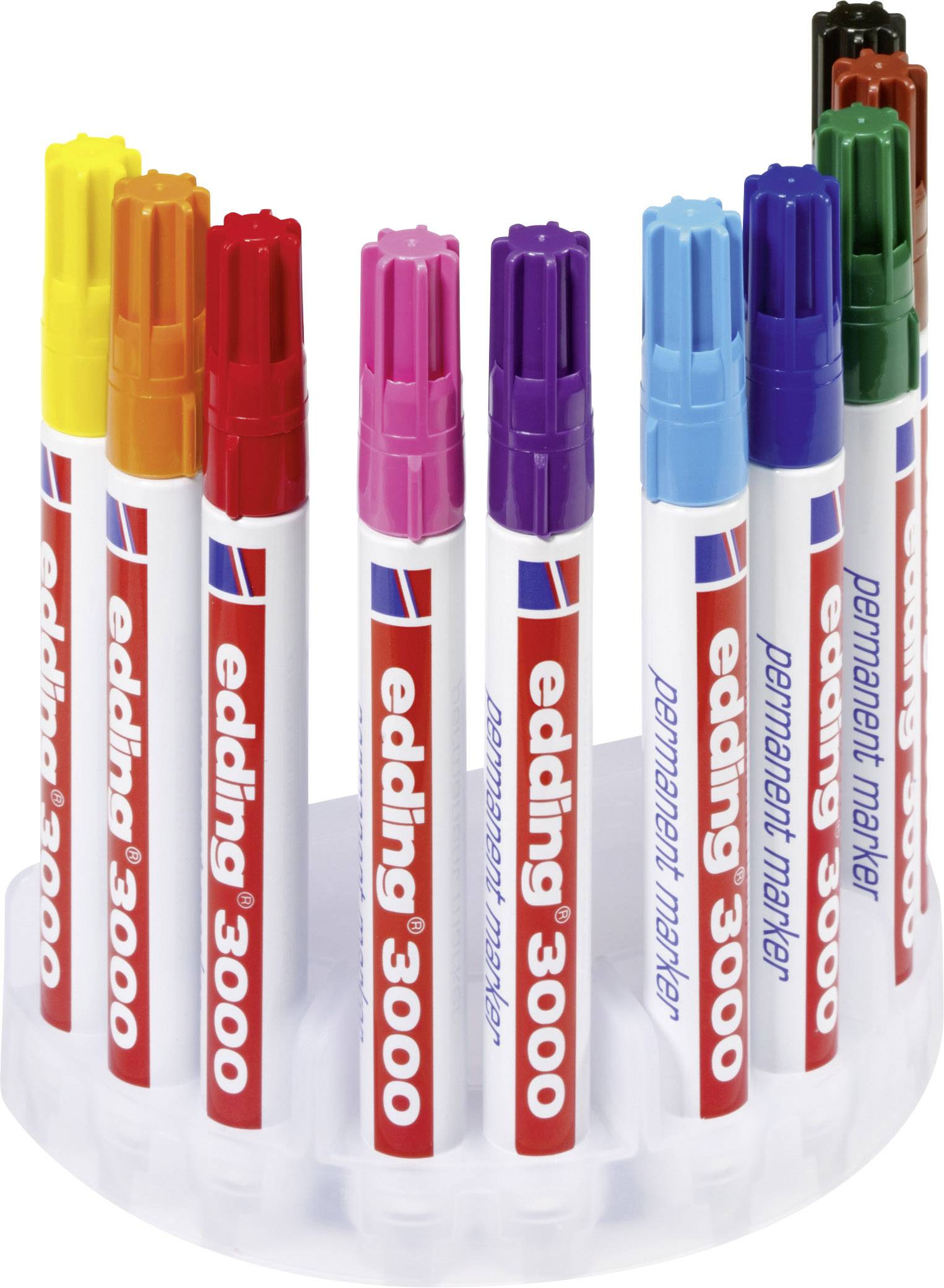 Mehrfarbige Stifte im Ständer; Markenname 'edding 3000' sichtbar.