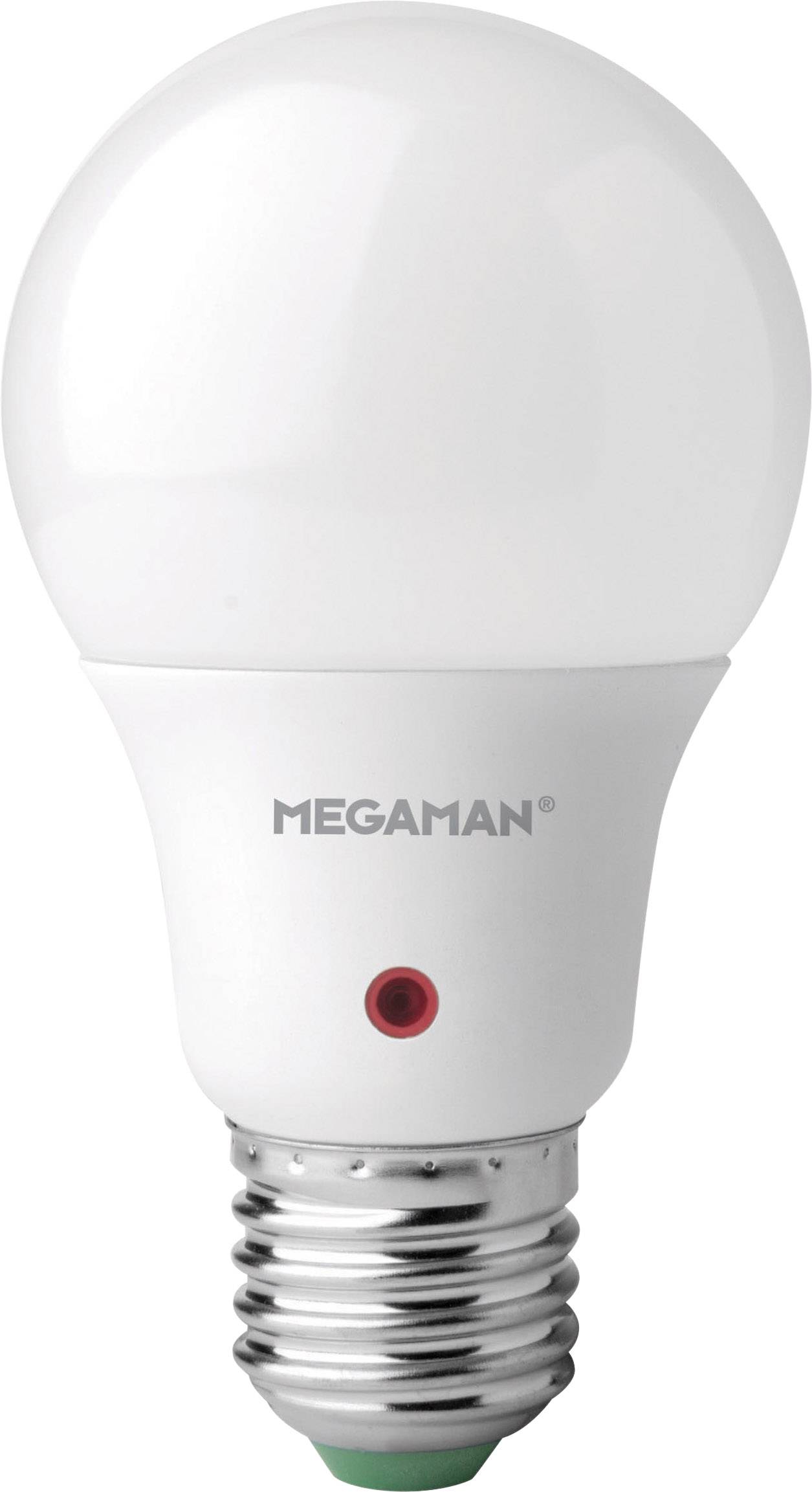 LED-Glühbirne der Marke Megaman, weiß, mit Standardfassung, geeignet für energiesparende Beleuchtung.