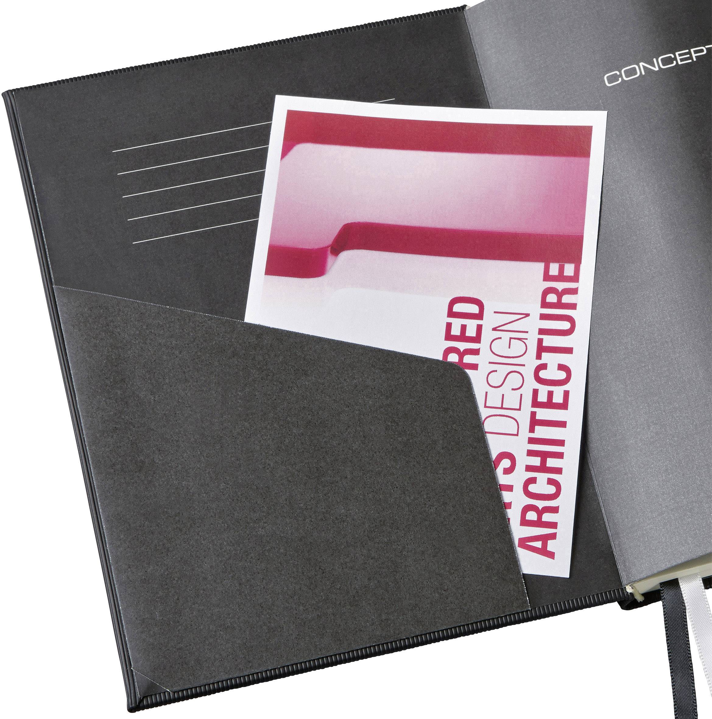 Eine schwarze Mappe mit einer Broschüre mit der Aufschrift 'DESIGN ARCHITECTURE'. Die Broschüre zeigt pinke geometrische Formen.