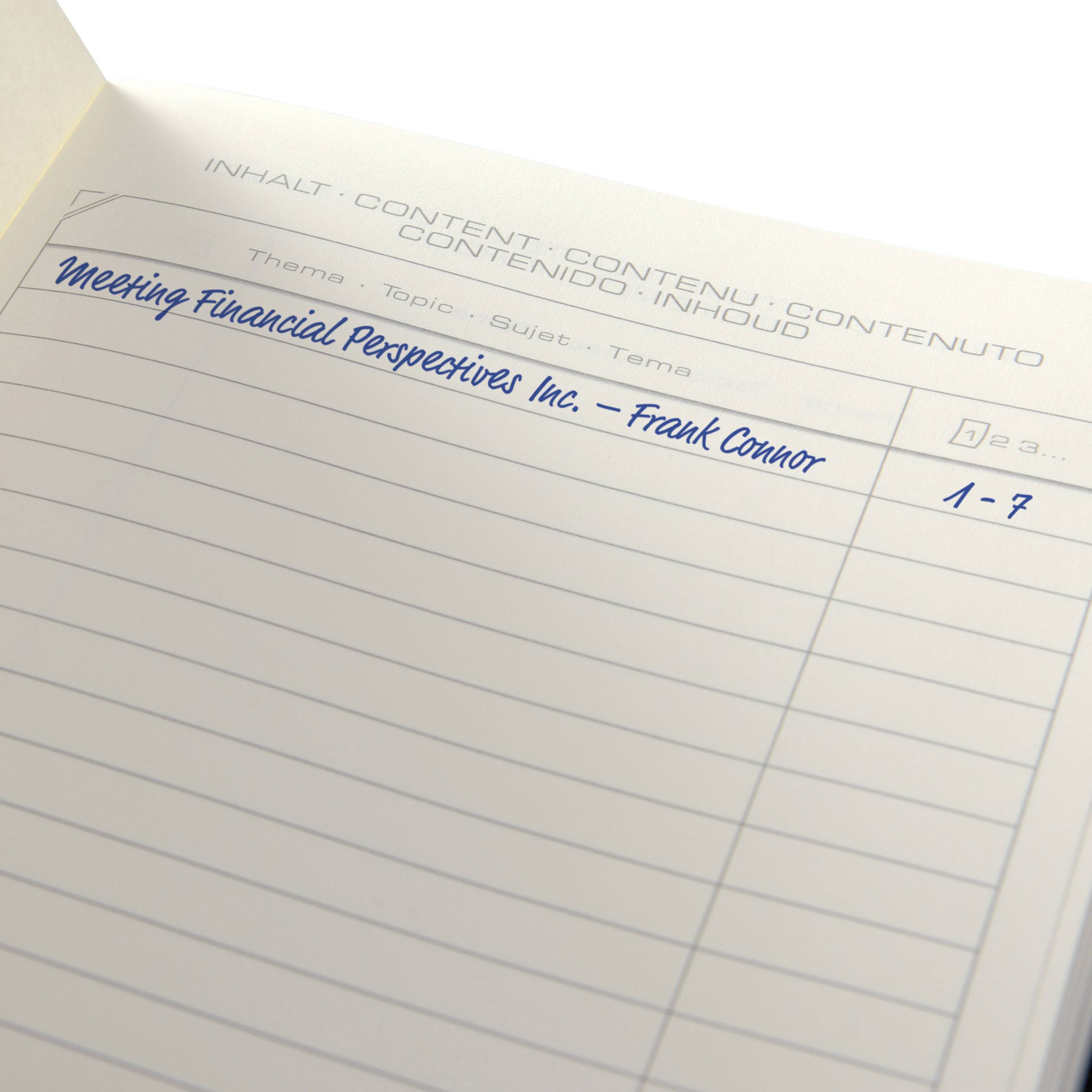 Ein leeres Notizbuch mit einer handgeschriebenen Notiz auf der ersten Zeile: 'Meeting Financial Perspectives Inc. - Frank Connor' und eine Datumsspalte.