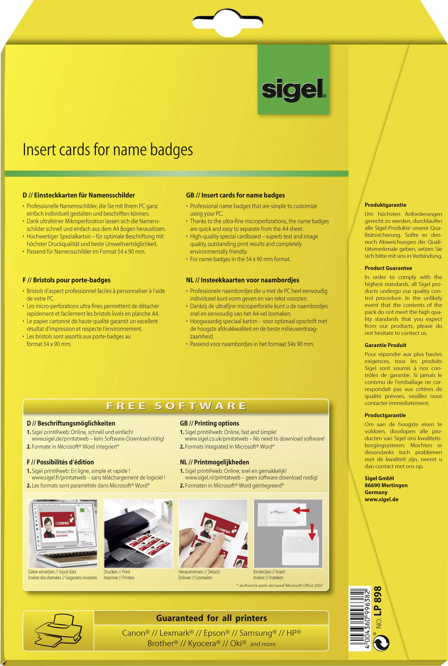 Sigel LP898 Einsteckschild Namensschild 54 mm x 90 mm Weiß