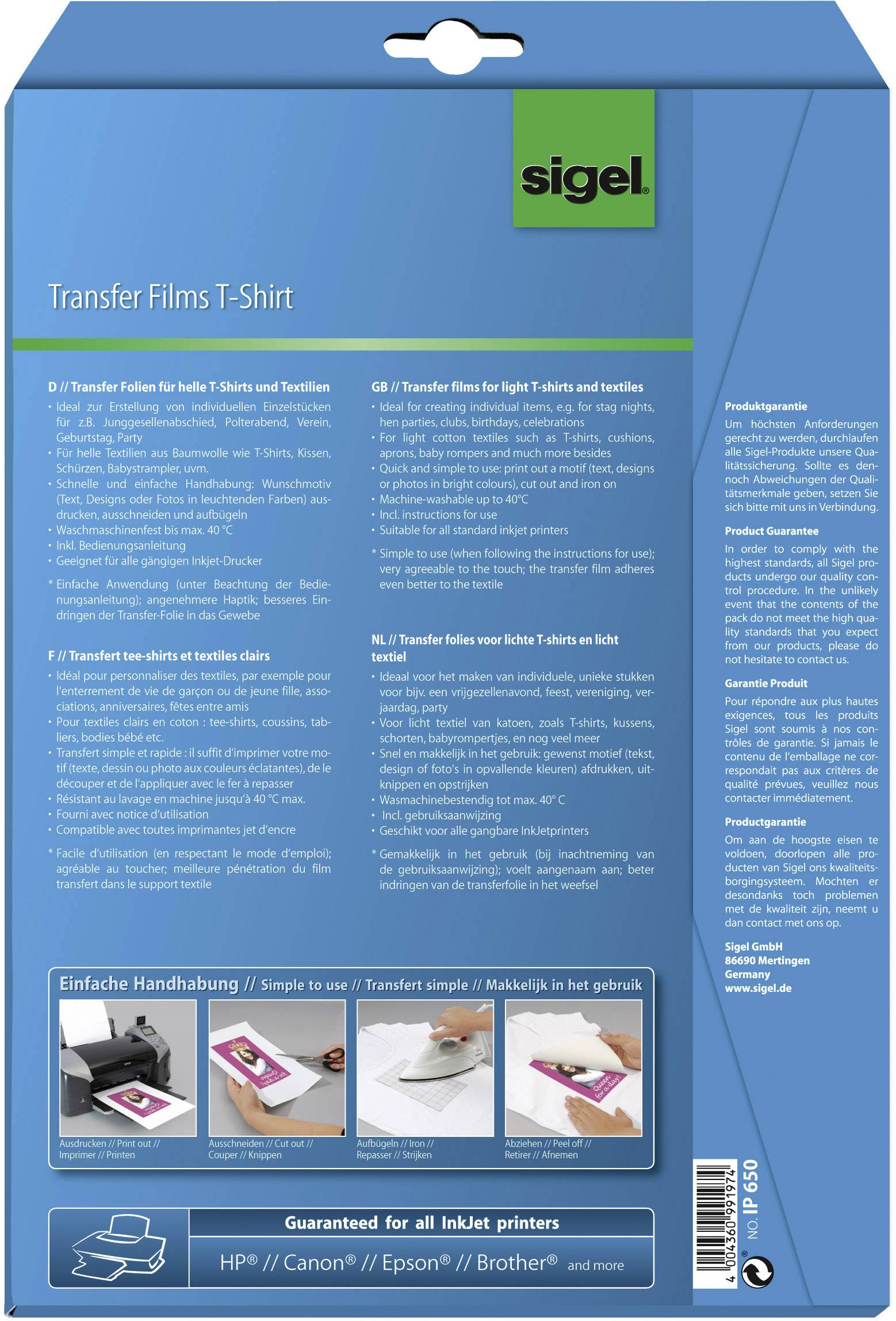 Sigel T1156<b> </b>Tintenstrahl Textilfolie DIN A4 12St.