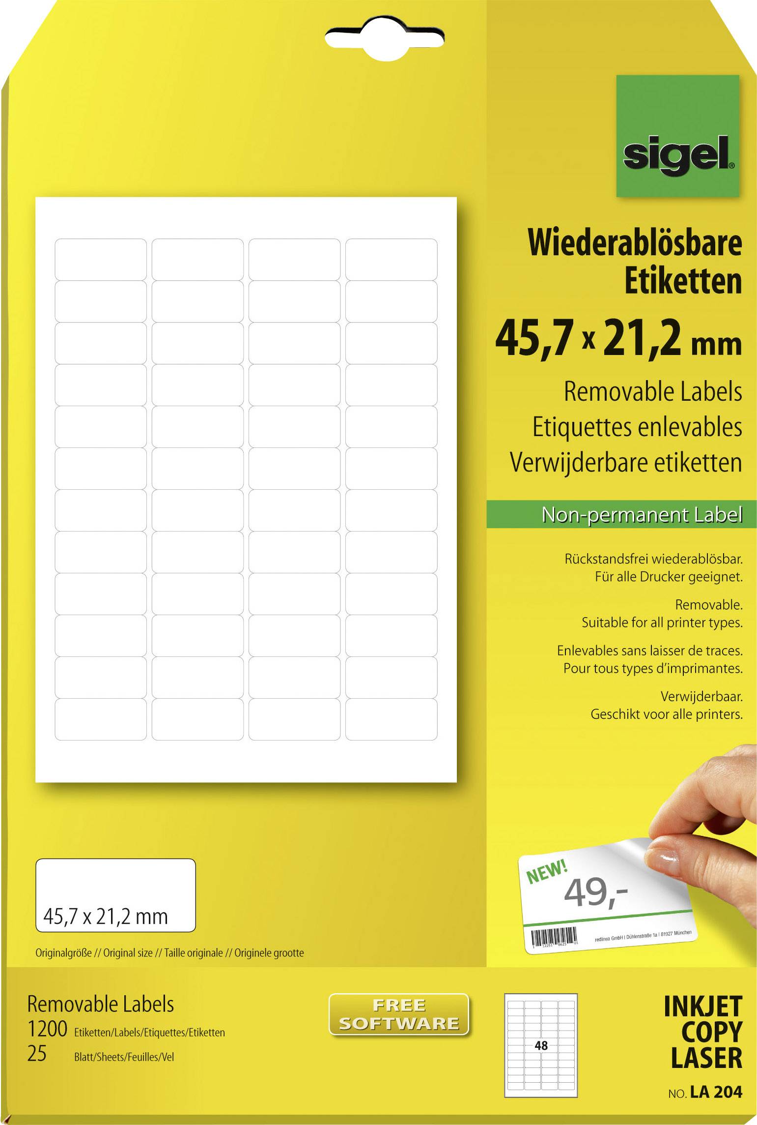 Packung ablösbarer Etiketten, Größe 45,7 x 21,2 mm, 1200 Etiketten, geeignet für Laser- und Inkjetdrucker, SIGEL Markenprodukt.