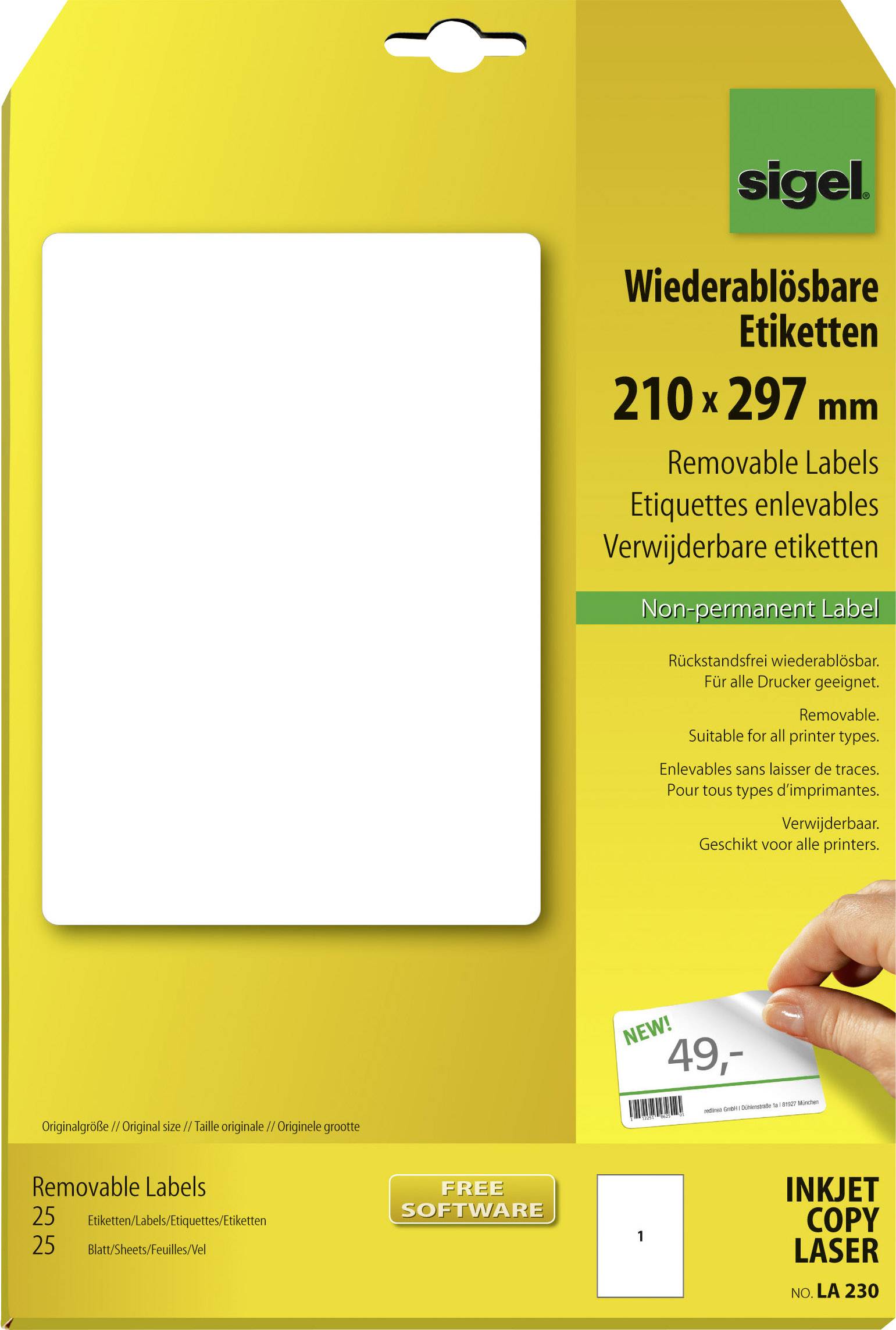 'Wiederablösbare Etiketten 210 x 297 mm' steht auf gelbem Etikett. Geeignet für alle Drucker. Enthält 25 Stück.