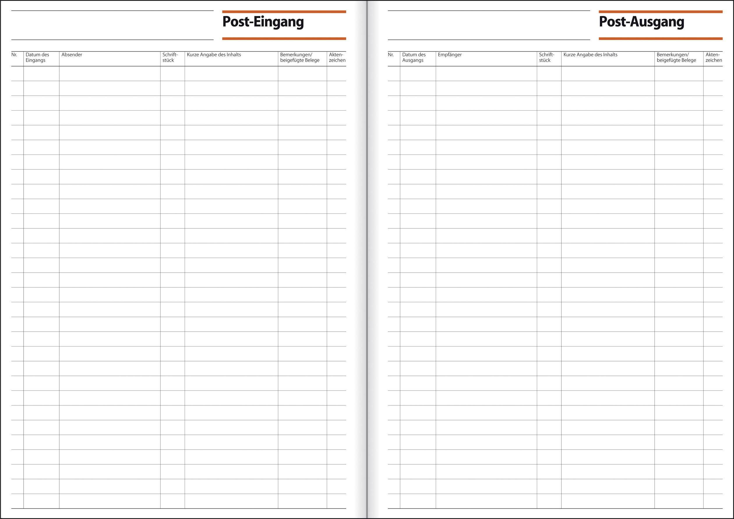 Sigel Post-Eingangs-/Ausgangsbuch, beidseitig bedruckt, alle Blätter fest im Buch, A4, 50 Blatt