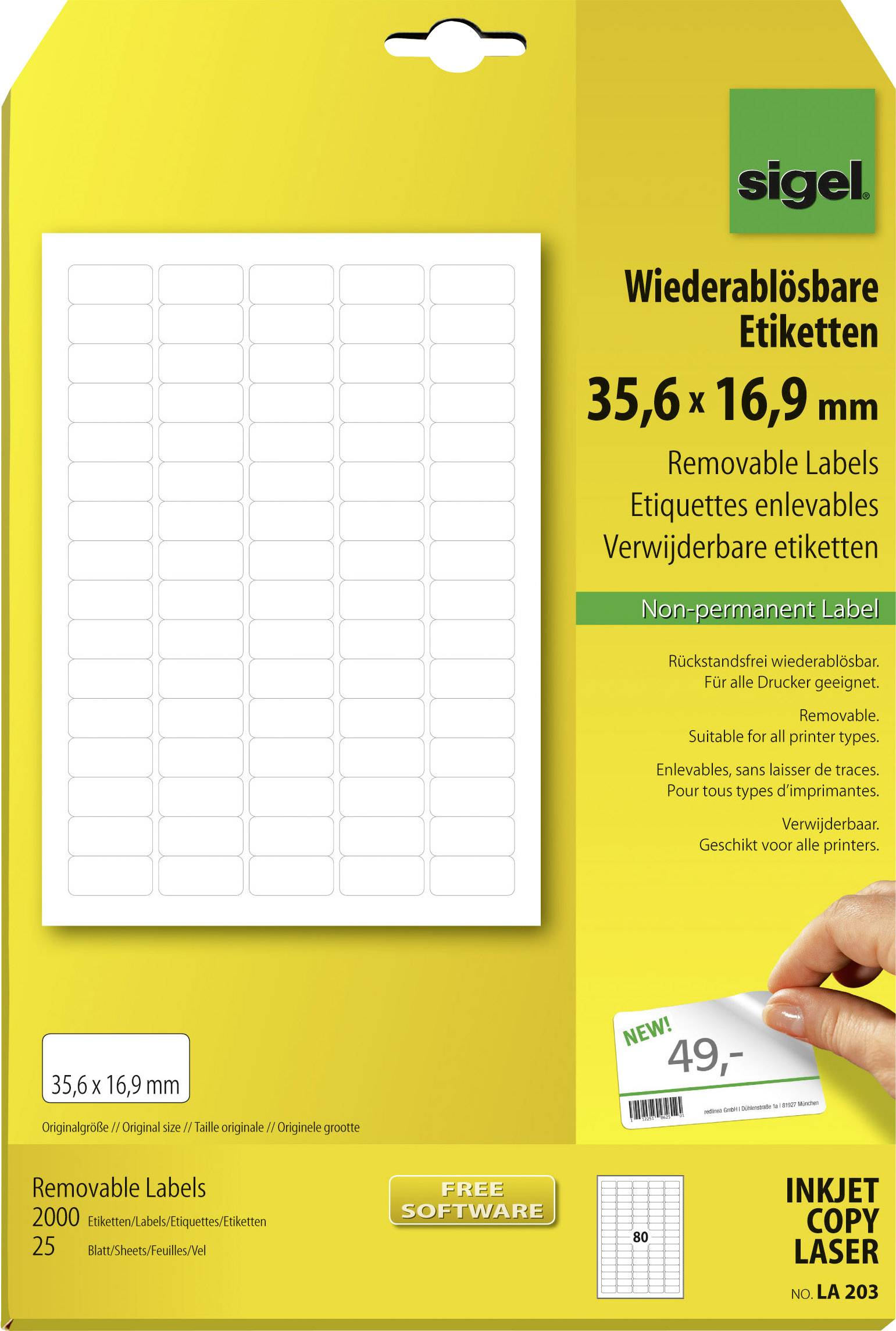 Sigel LA203 Universal-Etiketten 35.6 x 16.9 mm Papier Weiß 2000 St. Wiederablösbar Tintenstrahldrucker, Laserdrucker, Farblaserdrucker, Kopierer, Fa