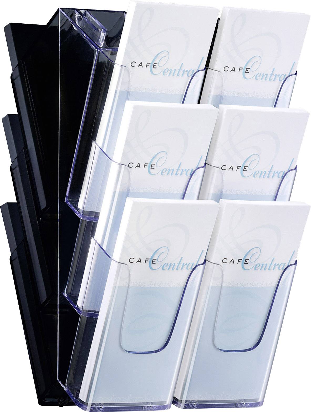 Ein schwarzer Prospekthalter enthält mehrere weiße Broschüren mit der Aufschrift 'CAFE Central'.