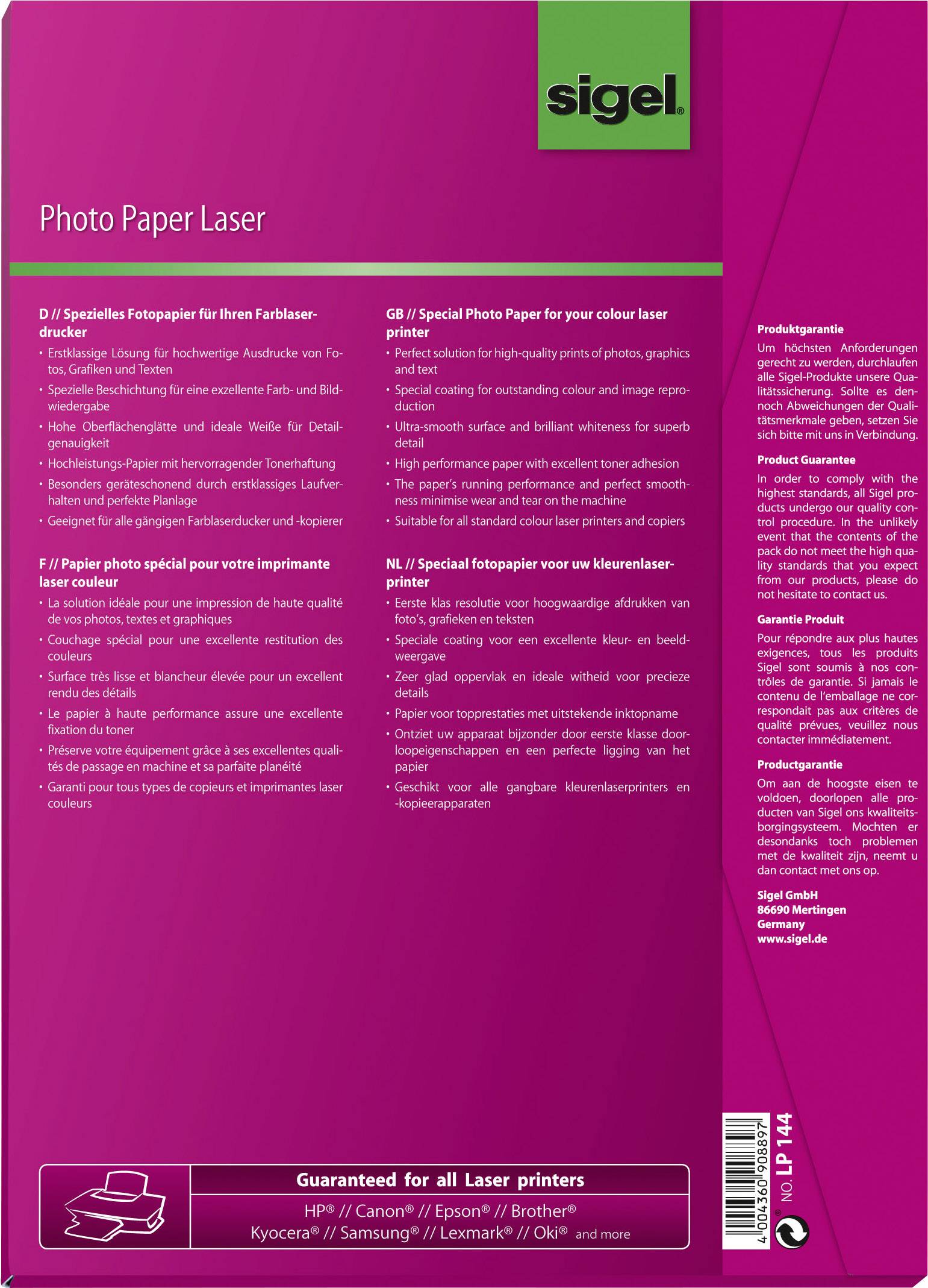 Sigel LP144 Fotopapier DIN A4 200 g/m² 100 Blatt Beide Seiten bedruckbar, Hochglänzend, Optimiert für Laser