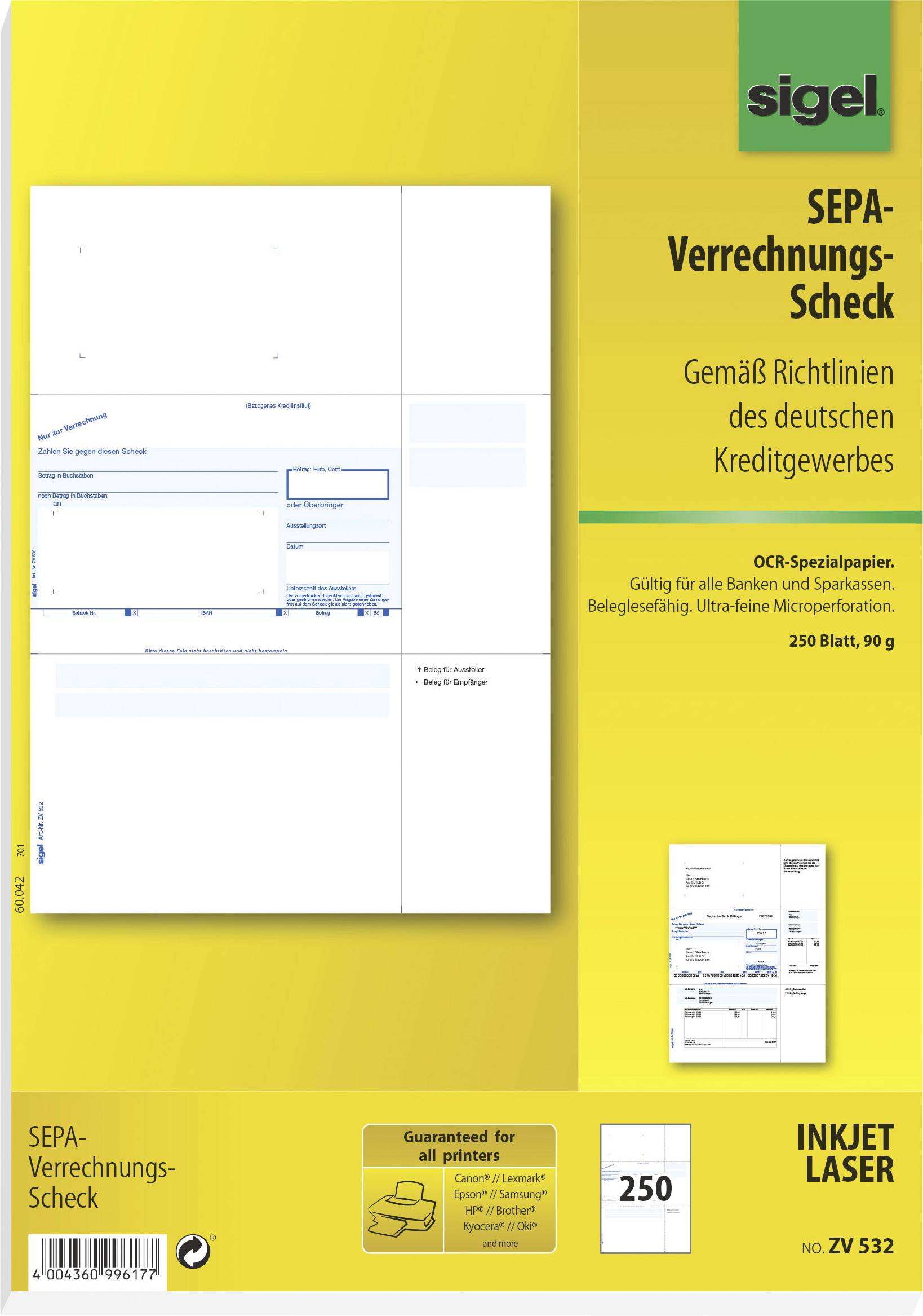 Sigel Scheck Formular SEPA-Verrechnungs-Scheck DIN A4 Anzahl der Blätter: 250 ZV532