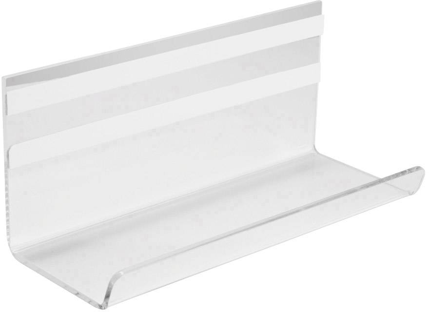 Ein transparentes, rechteckiges Acrylregal mit einer erhobenen Rückwand. Geeignet zur Präsentation von Broschüren oder kleinen Gegenständen.