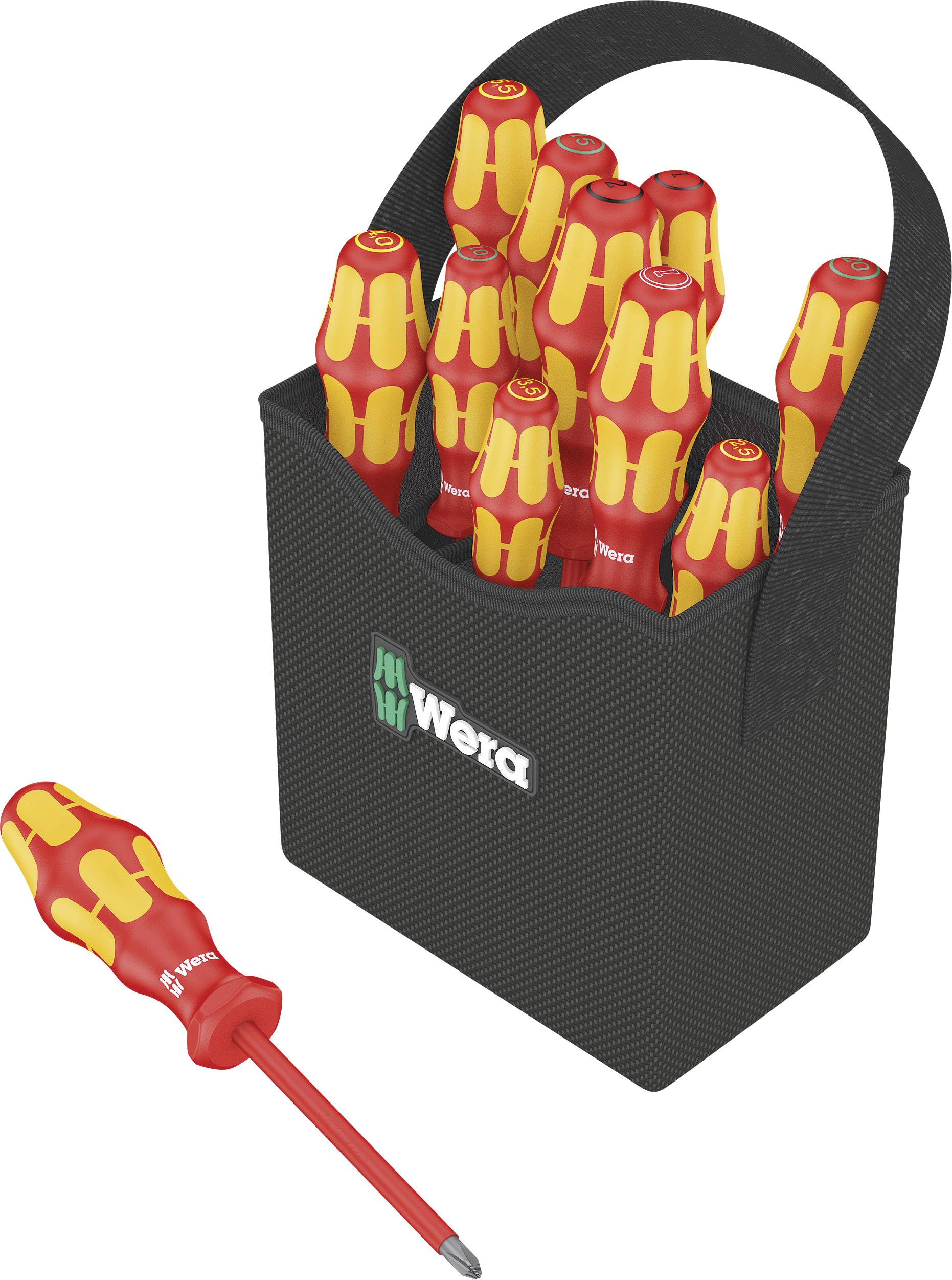 Ein Set von roten und gelben Schraubendrehern mit Griff in einer schwarzen Tasche mit 'Wera'-Logo auf der Vorderseite.
