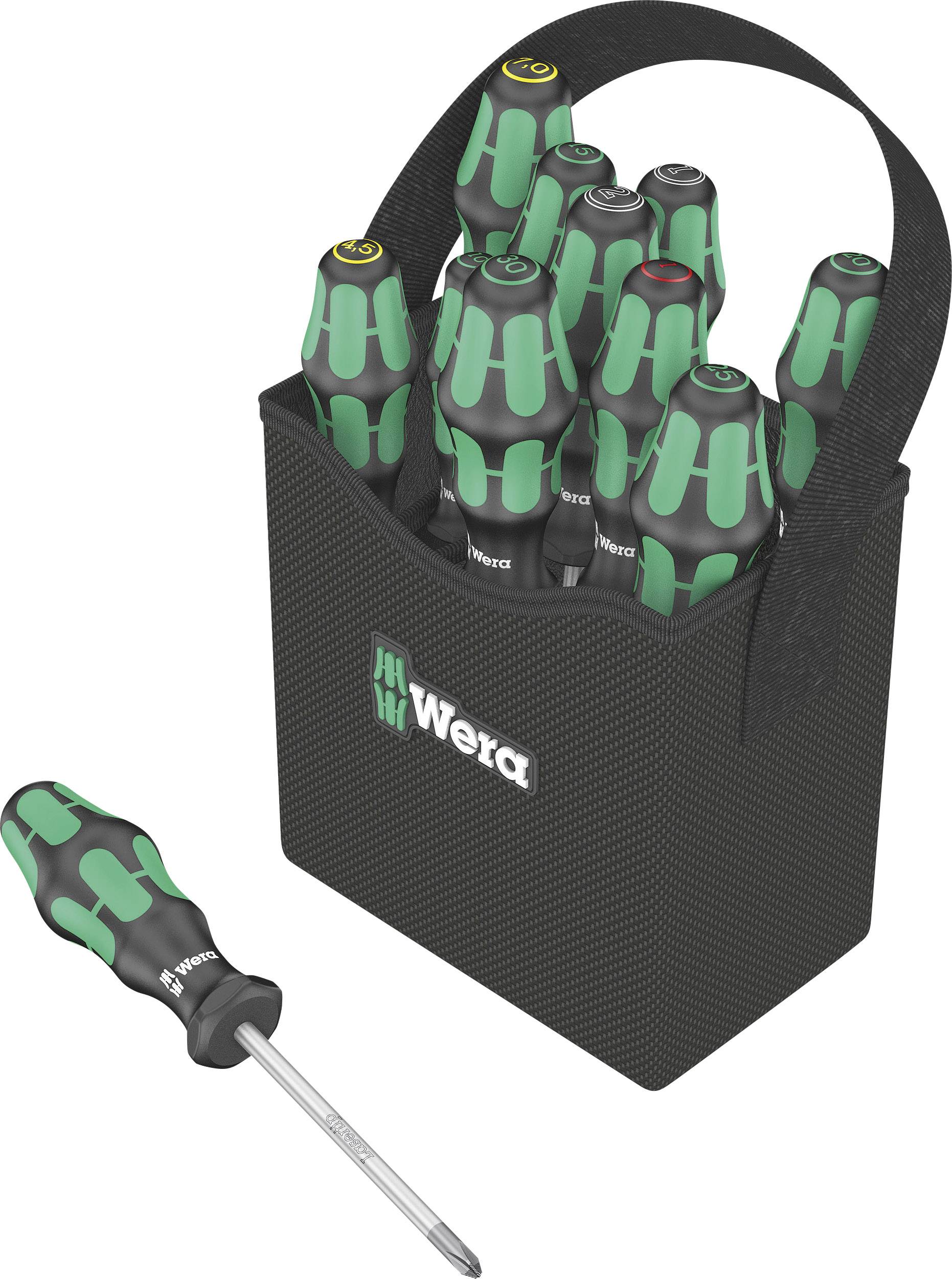Ein Set von neun grünen Schraubendrehern mit ergonomischen Griffen in einer schwarzen Tasche, mit einem separaten Schraubendreher daneben.