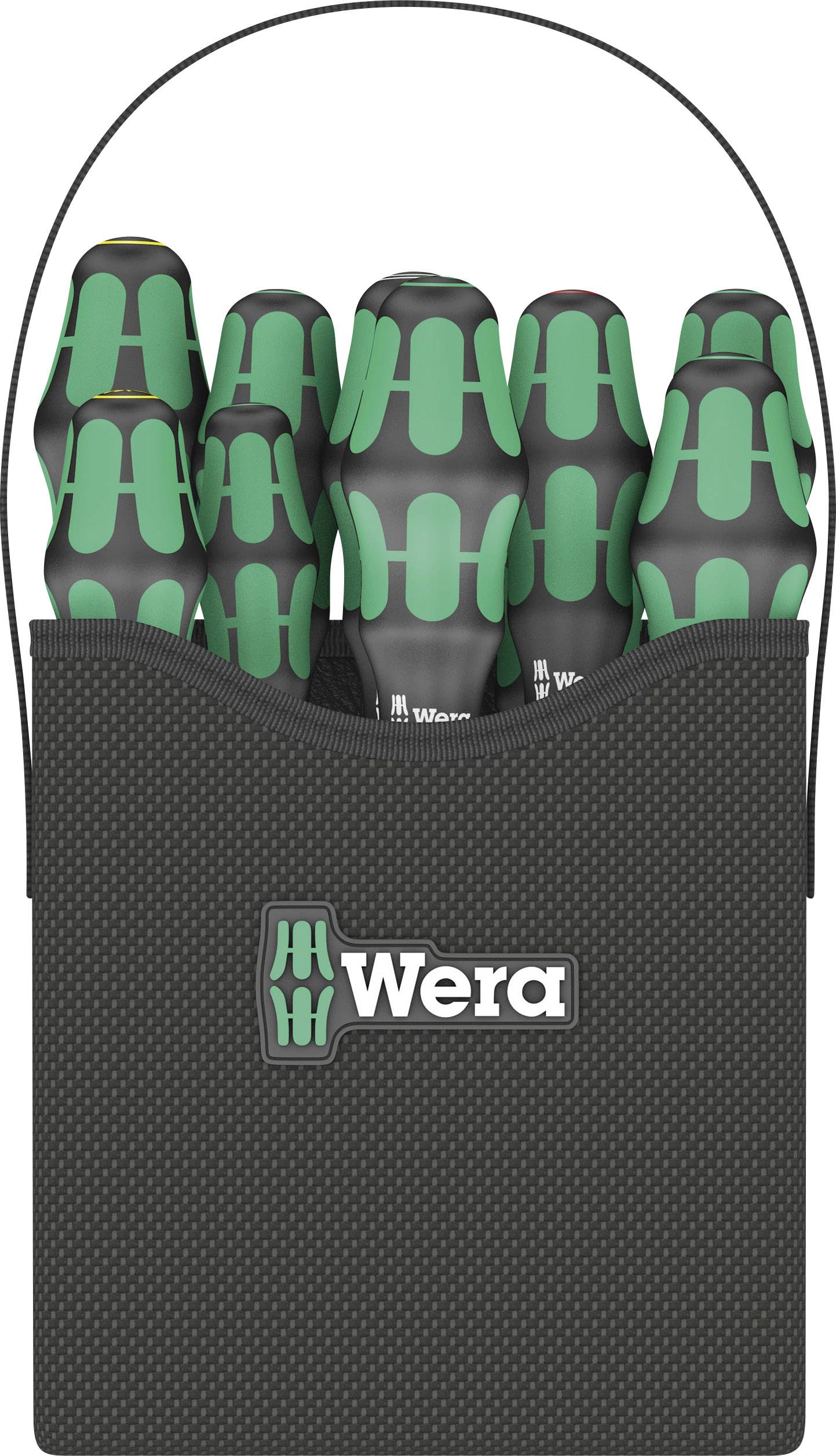 Schraubendreher-Set in einer schwarzen Tasche mit grün-schwarzen Griffen. Logo 'Wera' auf der Tasche sichtbar.