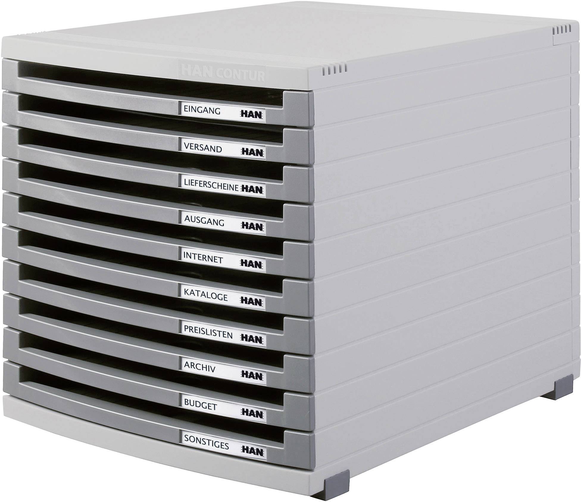 Weiße Ablagebox mit neun Schubladen, jeweils beschriftet mit Begriffen wie 'Eingang', 'Versand', 'Ausgang', und 'Budget'.