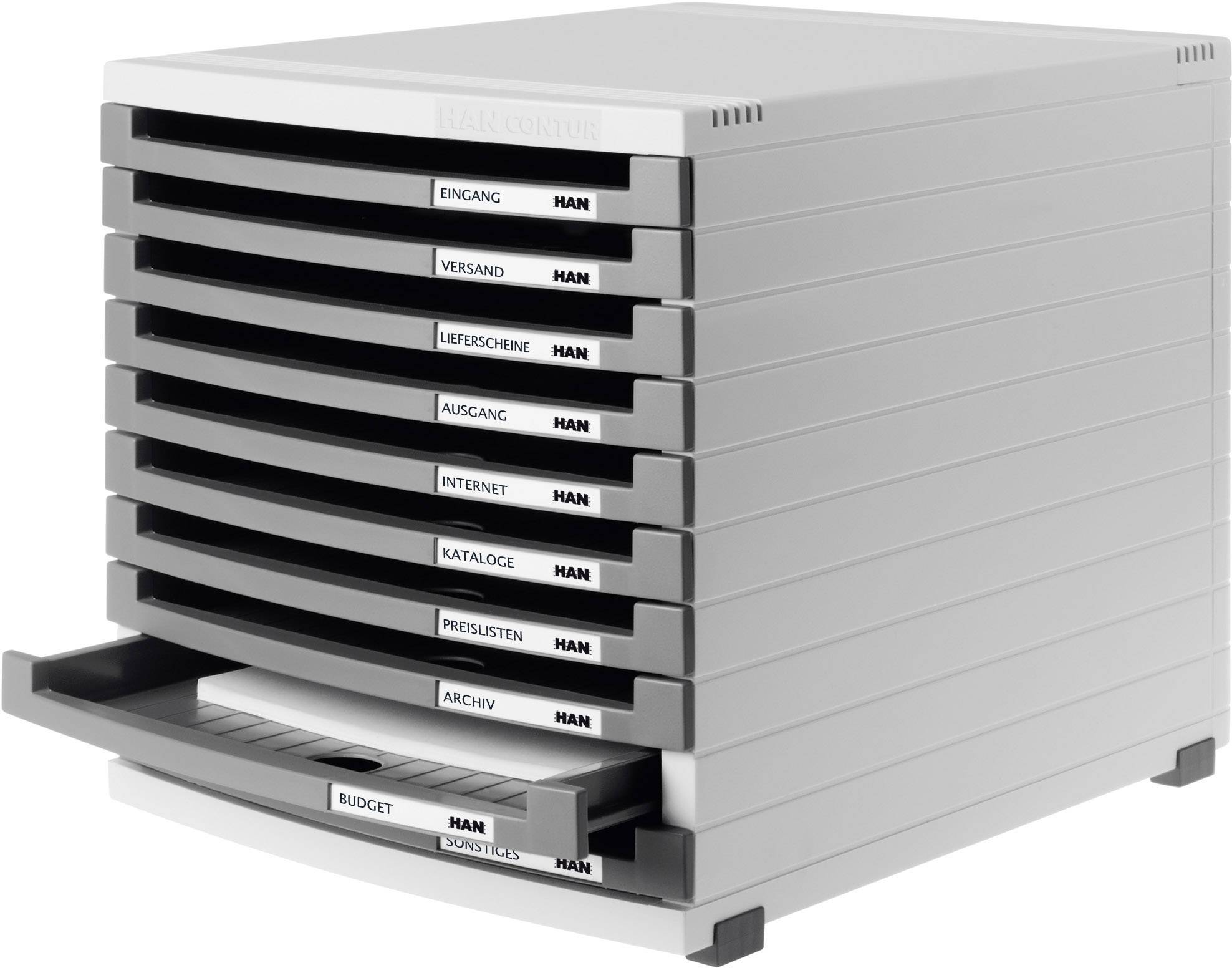 Graues Schubladenregal mit neun Fächern, beschriftet mit Kategorien wie 'Eingang', 'Ausgang' und 'Archiv'; eins ist offen.