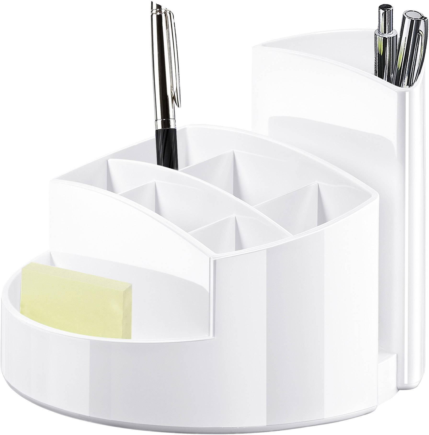 Weiße, drehbare Schreibtisch-Organizer mit mehreren Fächern, gefüllt mit Stiften und Haftnotizen. Ideal zur Büroorganisation.