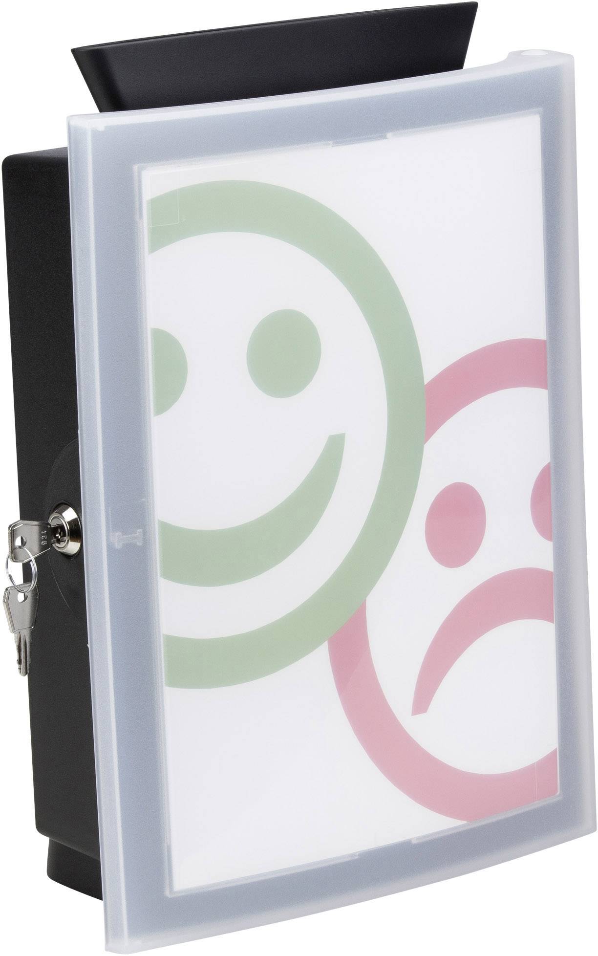 Ein schwarzer Kasten mit Schloss, darauf ein transparenter Rahmen mit grünem lächelndem Gesicht und rotem traurigem Gesicht.